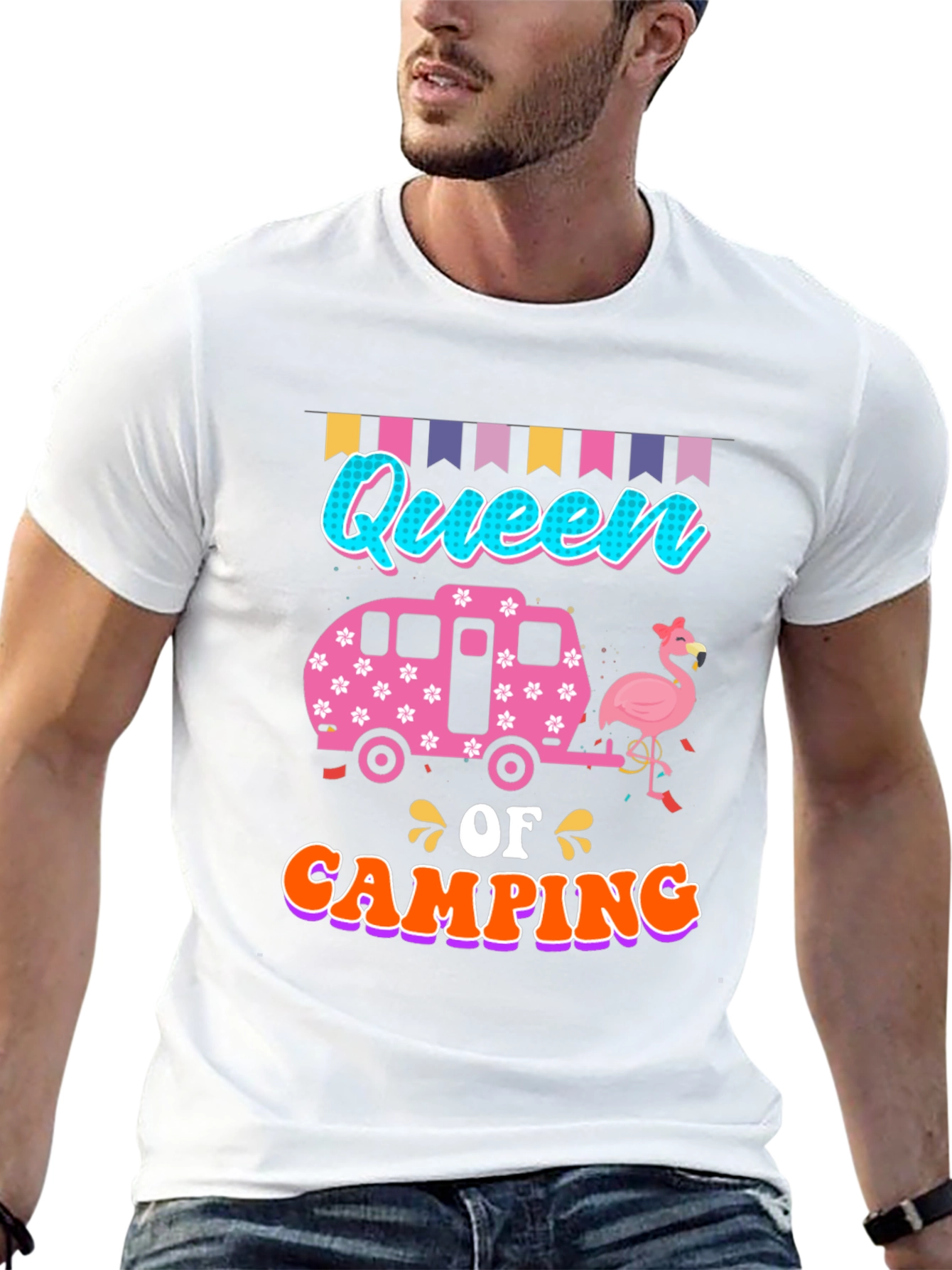 Queen of Camping T-Shirt: Flamingo & Camper Design