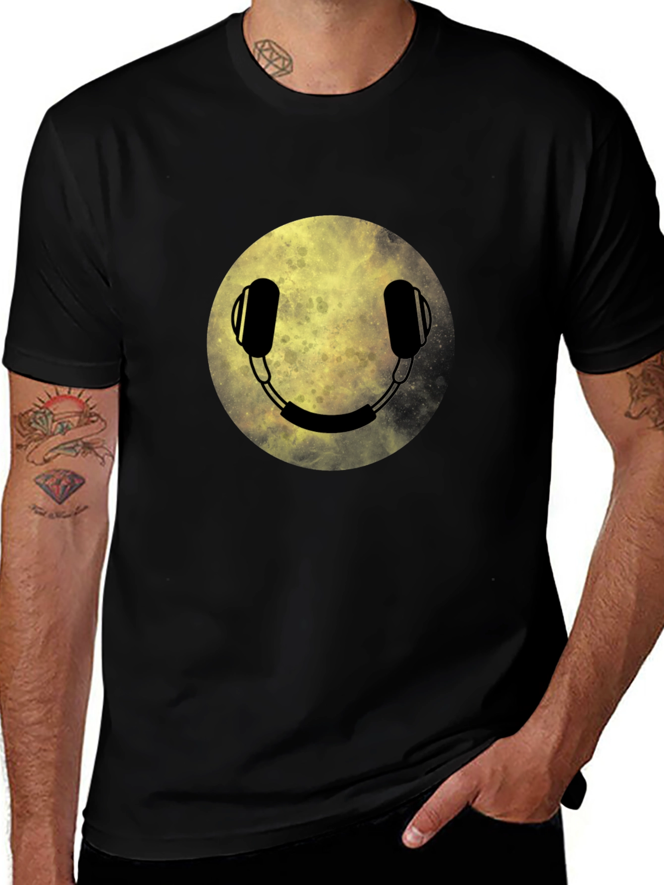 Headphone Smiley Face Graphic Tee - Black