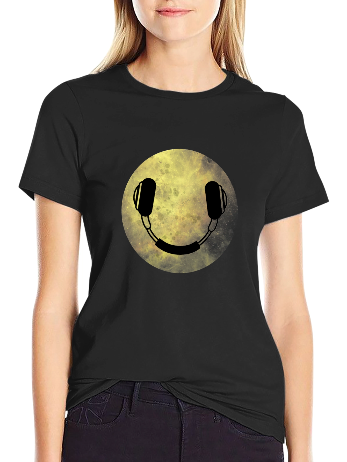 Headphone Smiley Face Graphic Tee - Black