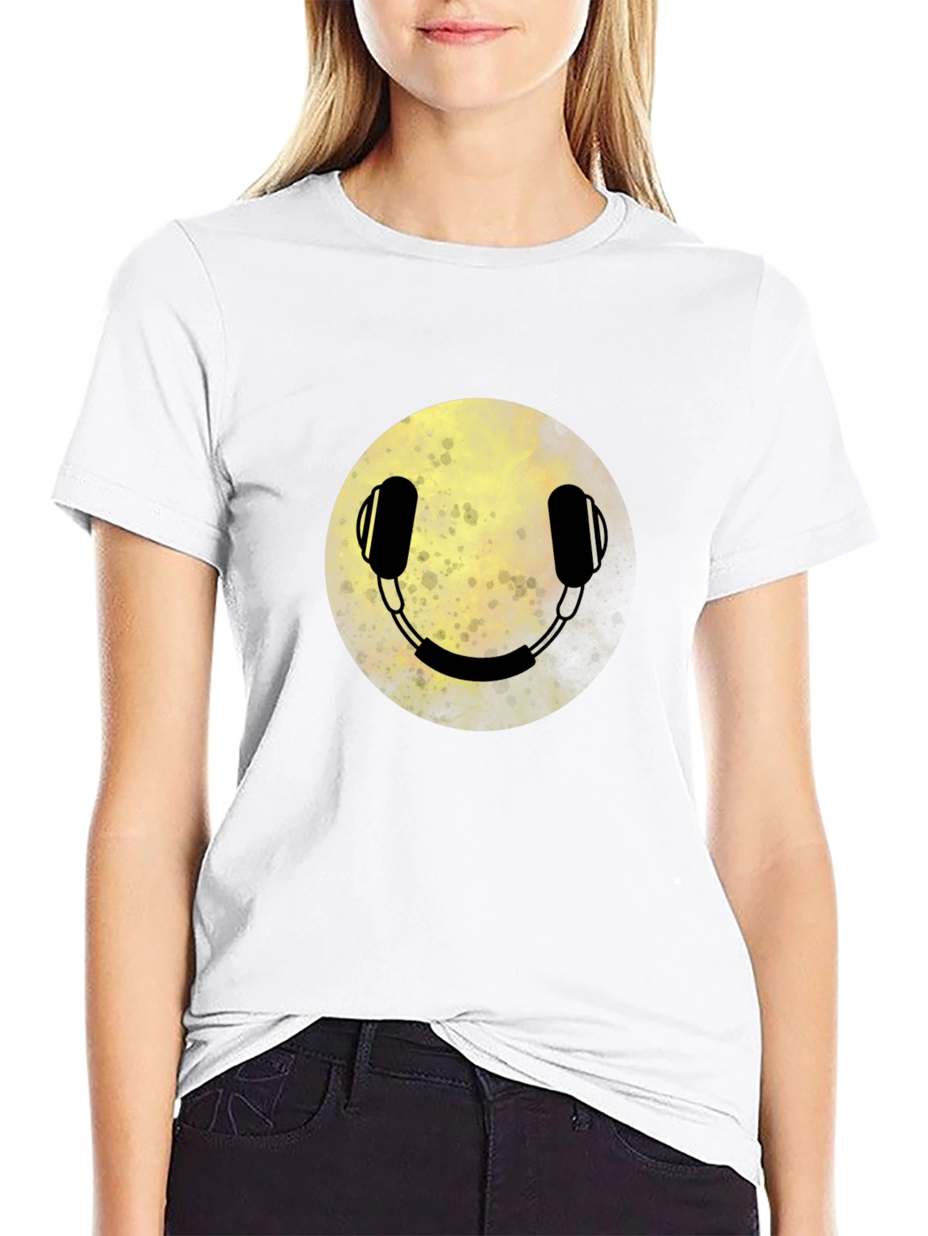 Headphone Smiley Face Graphic Tee - Black