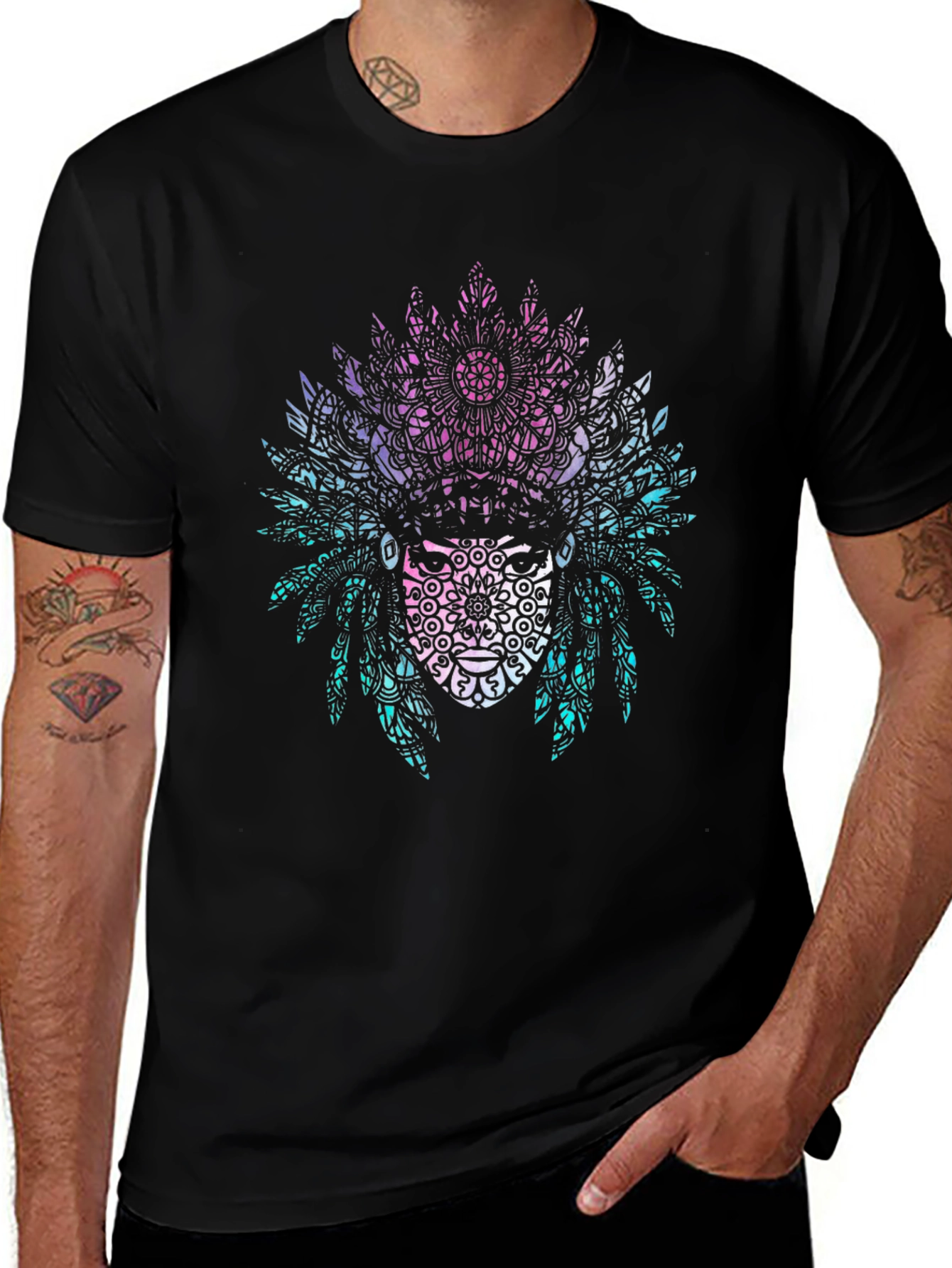 Tribal Mandala Headdress Graphic Tee - Black