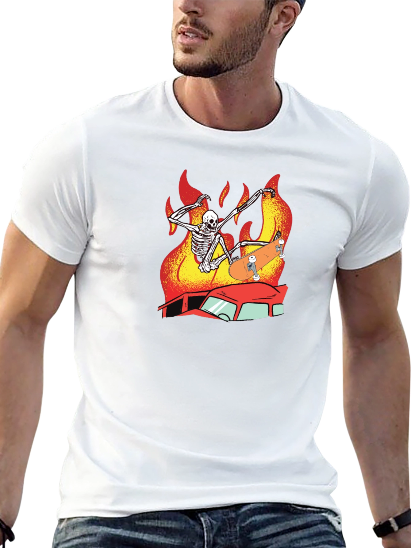 Skeleton Skateboard T-Shirt Burning Car Graphic Tee