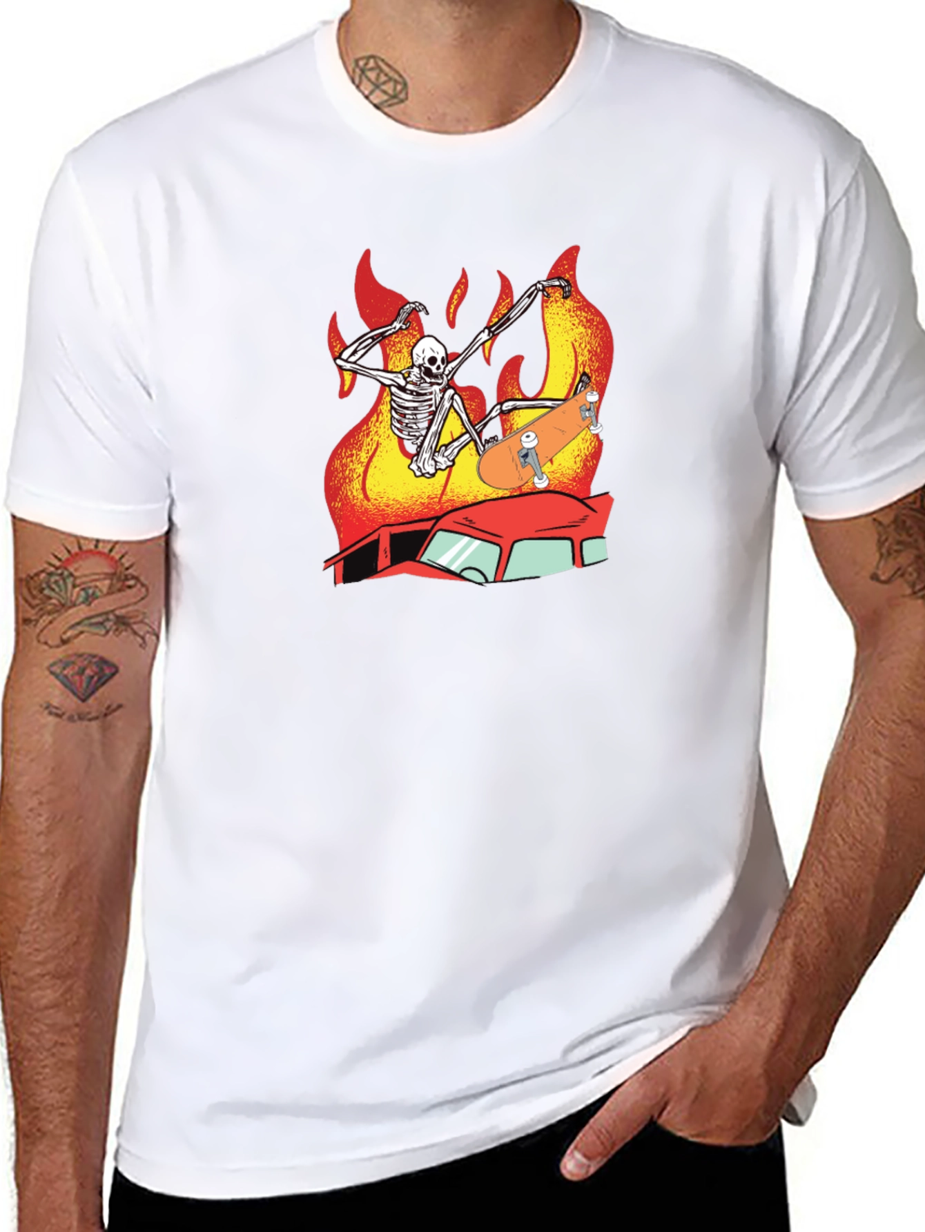 Skeleton Skateboard T-Shirt Burning Car Graphic Tee