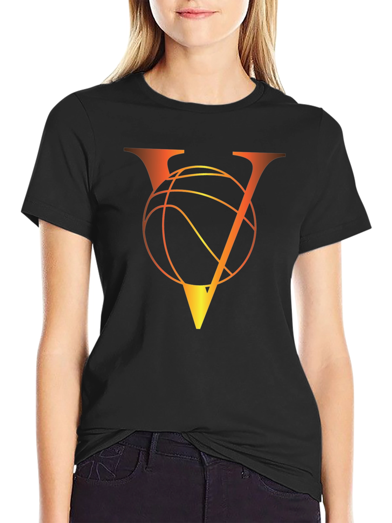 Basketball V Letter Graphic Black T-Shirt