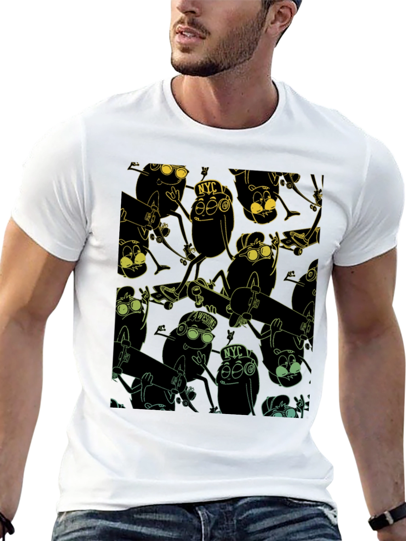 Skateboarding Bean Character Graphic Print Black T-Shirt