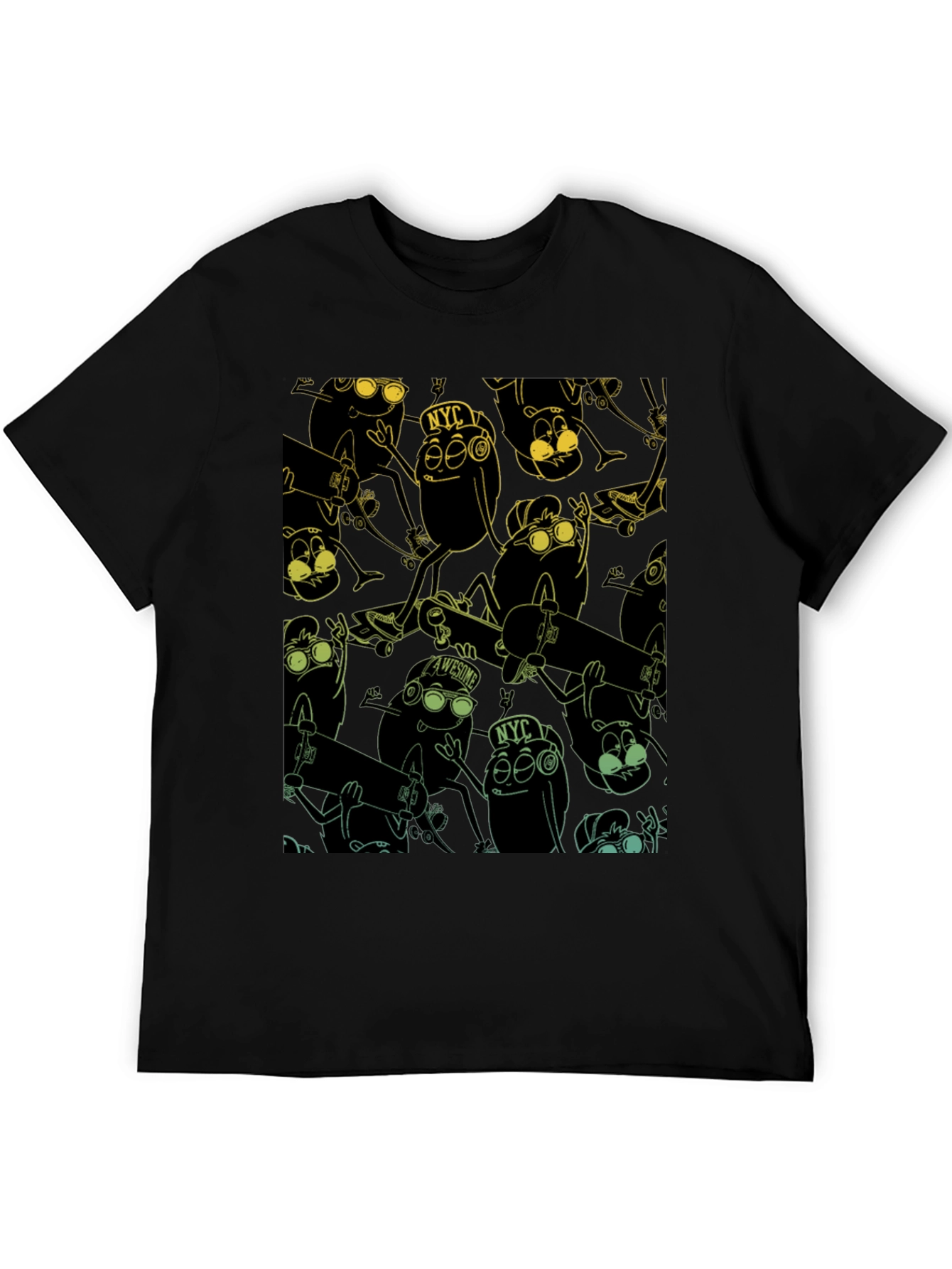 Skateboarding Bean Character Graphic Print Black T-Shirt