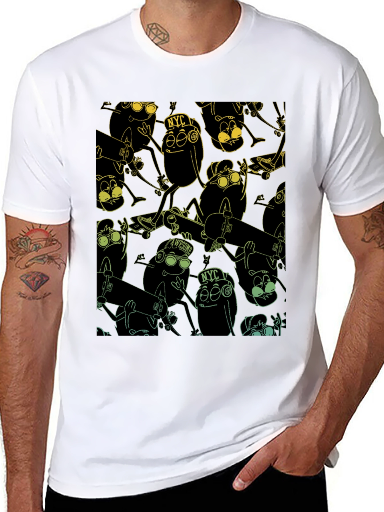 Skateboarding Bean Character Graphic Print Black T-Shirt