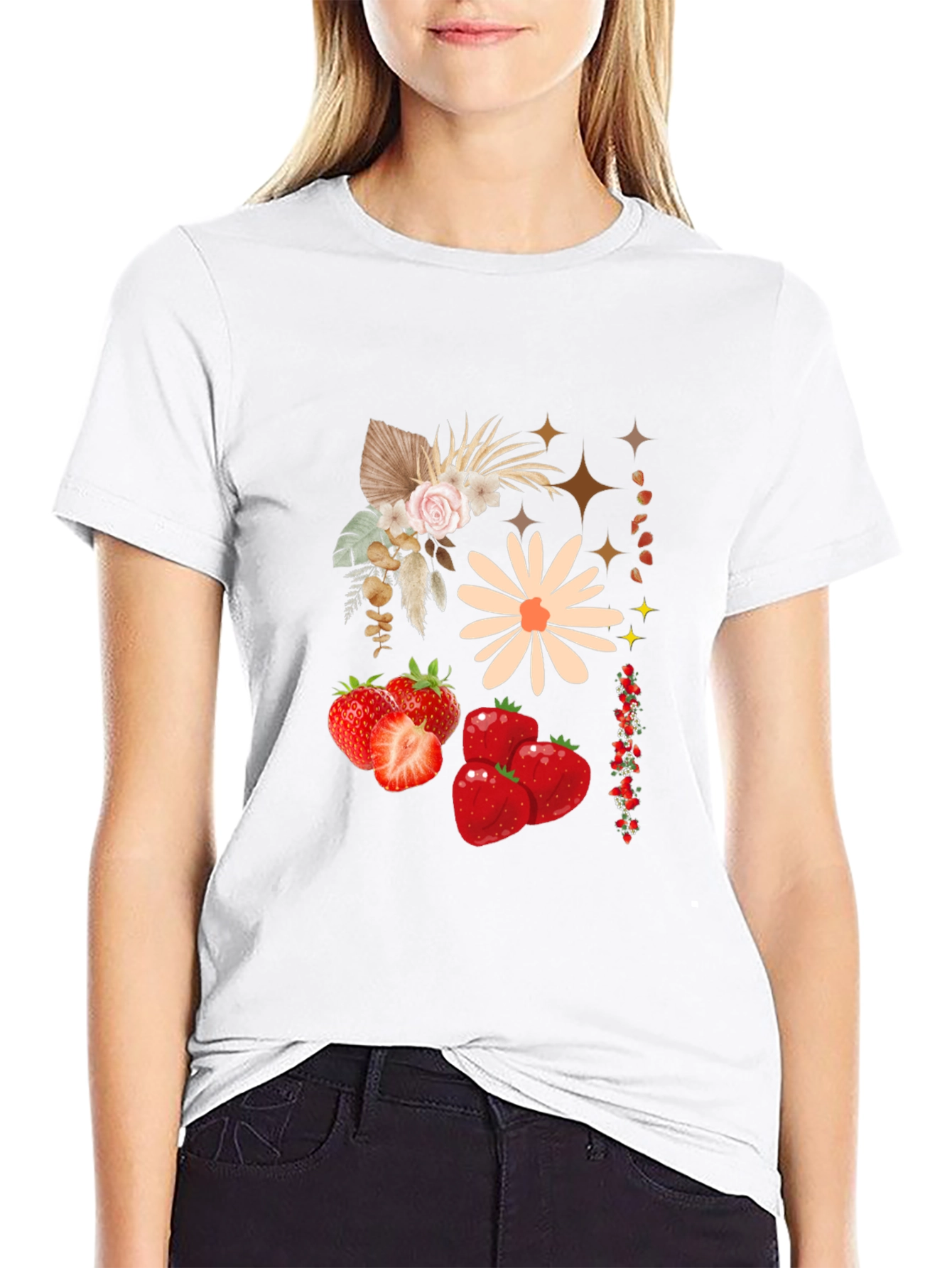 Strawberry Floral Print Black Casual Tee