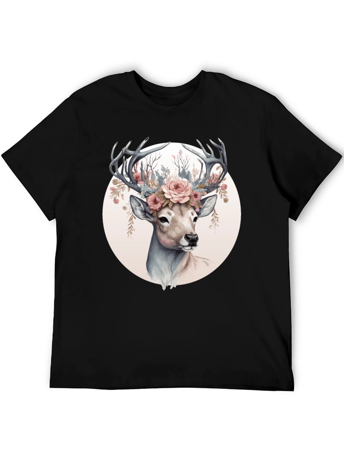 Deer Floral Crown Black T-Shirt