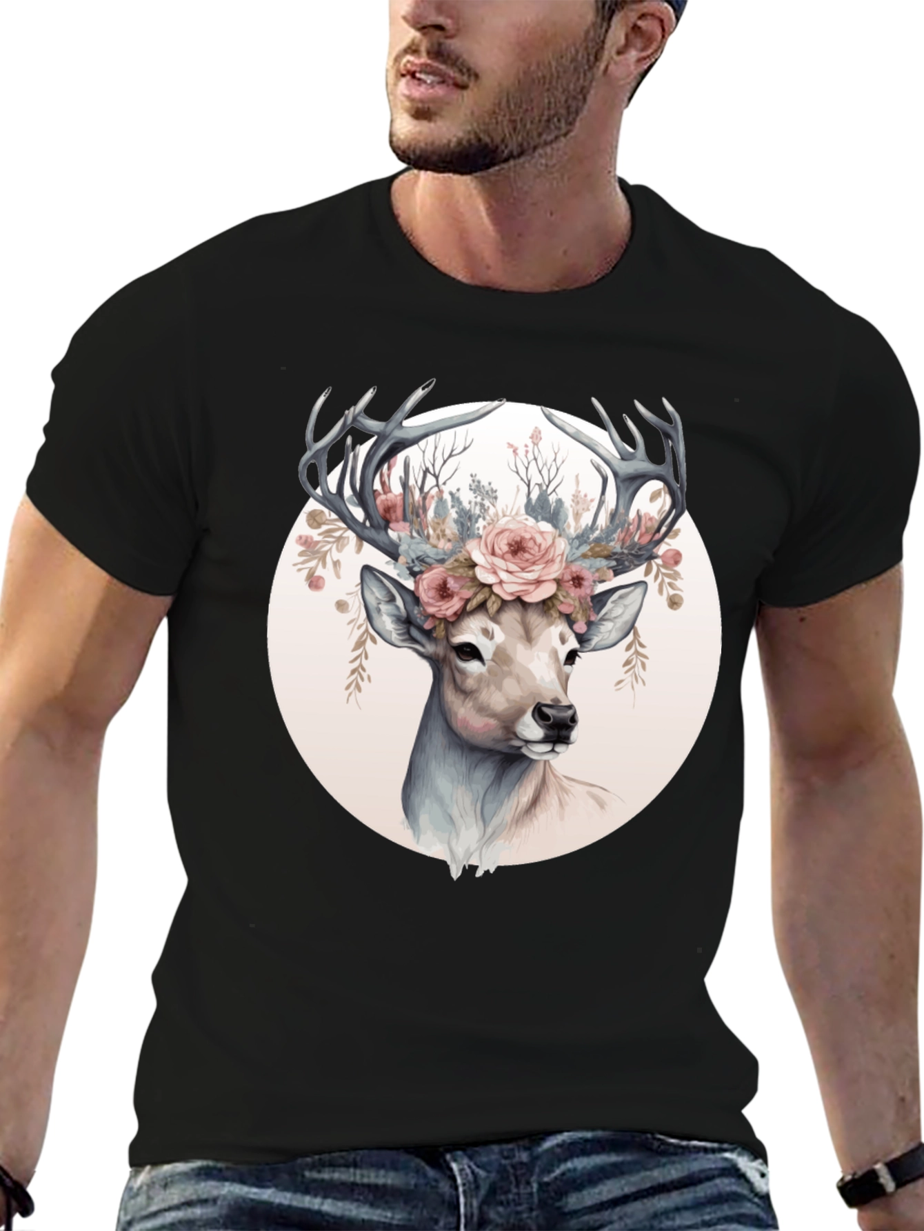 Deer Floral Crown Black T-Shirt