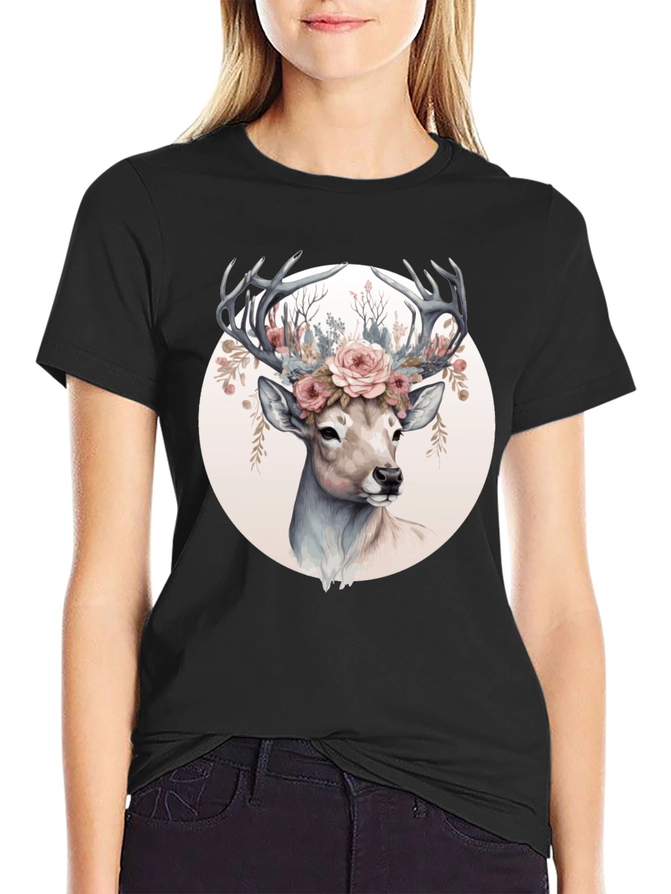 Deer Floral Crown Black T-Shirt