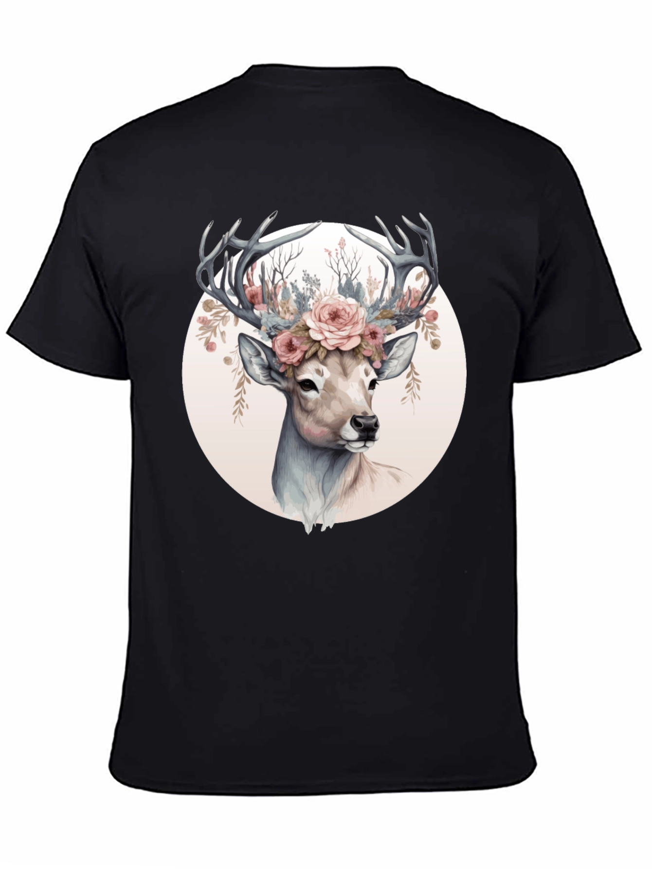 Deer Floral Crown Black T-Shirt