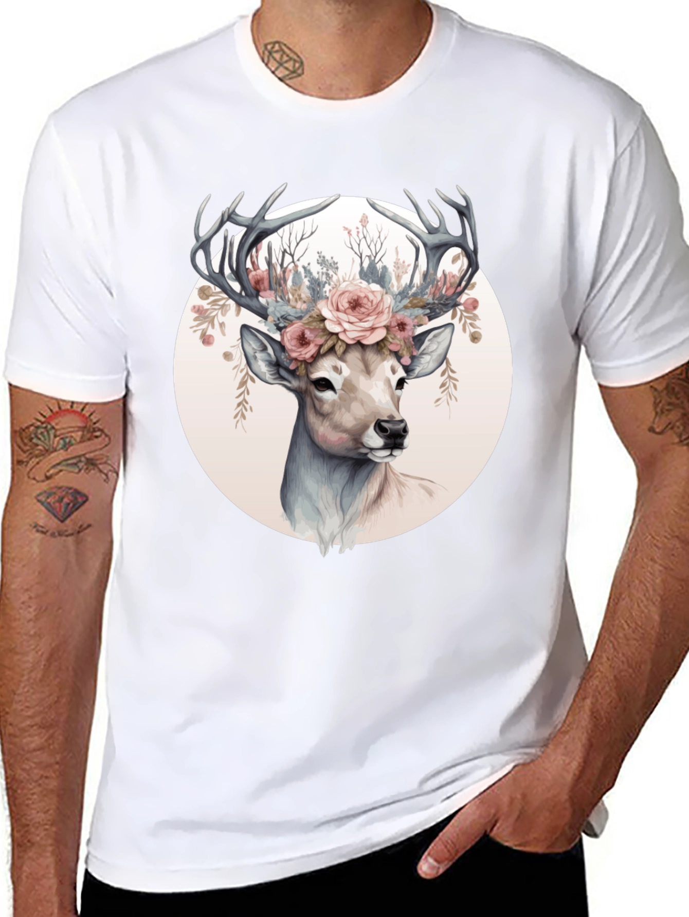 Deer Floral Crown Black T-Shirt