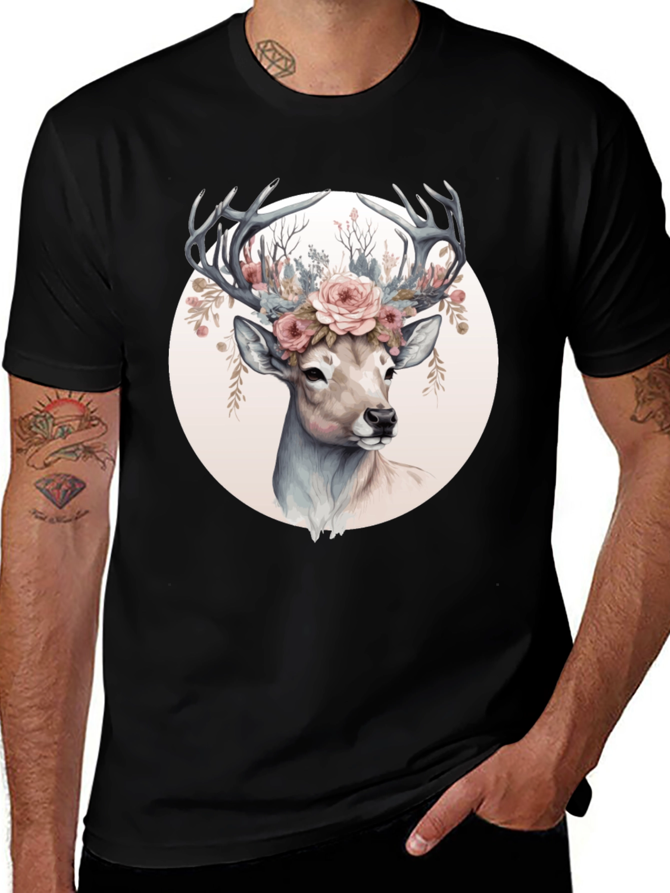 Deer Floral Crown Black T-Shirt