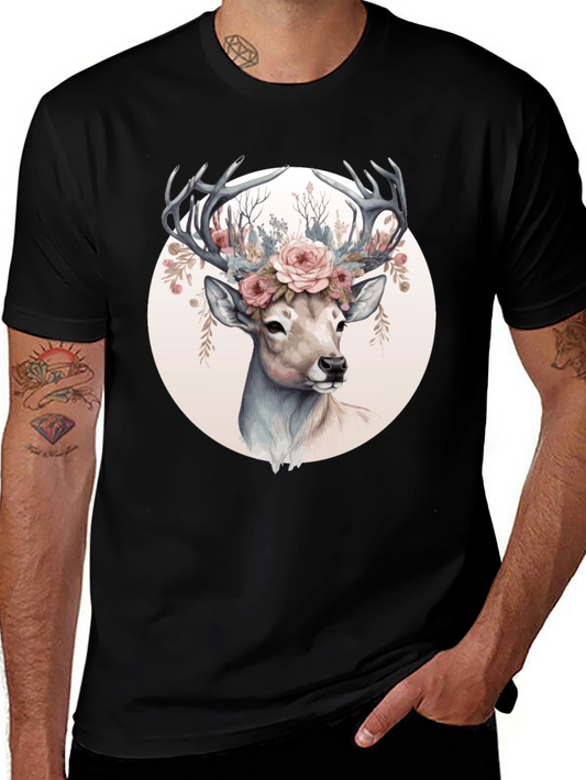 Deer Floral Crown Black T-Shirt