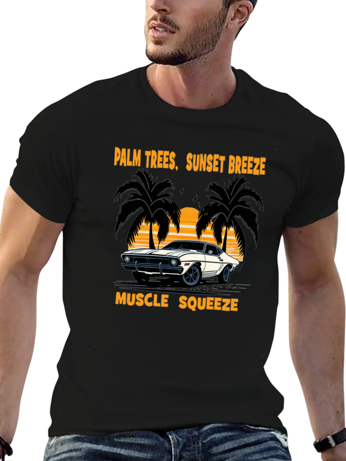 Palm Trees Sunset Breeze Muscle Car T-Shirt