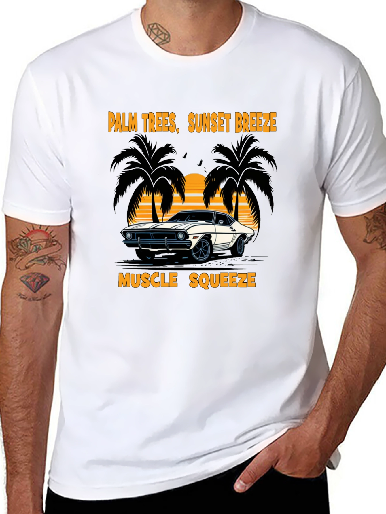 Palm Trees Sunset Breeze Muscle Car T-Shirt