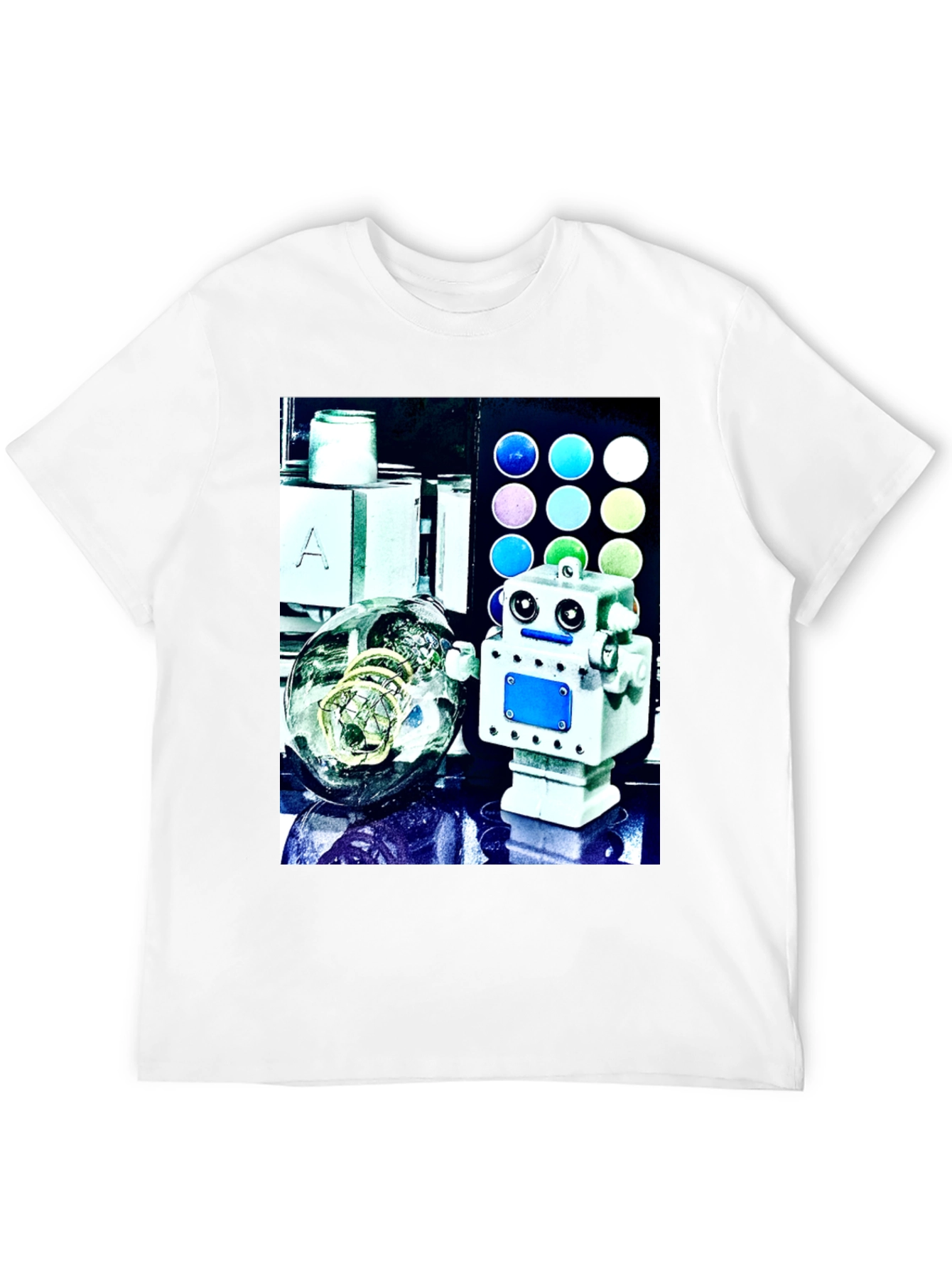 Robot & Bulb Print Black T-Shirt