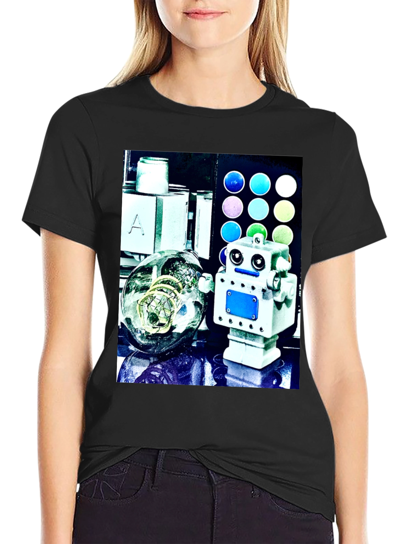 Robot & Bulb Print Black T-Shirt
