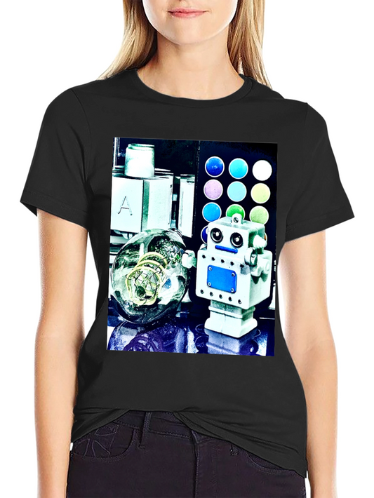 Robot & Bulb Print Black T-Shirt