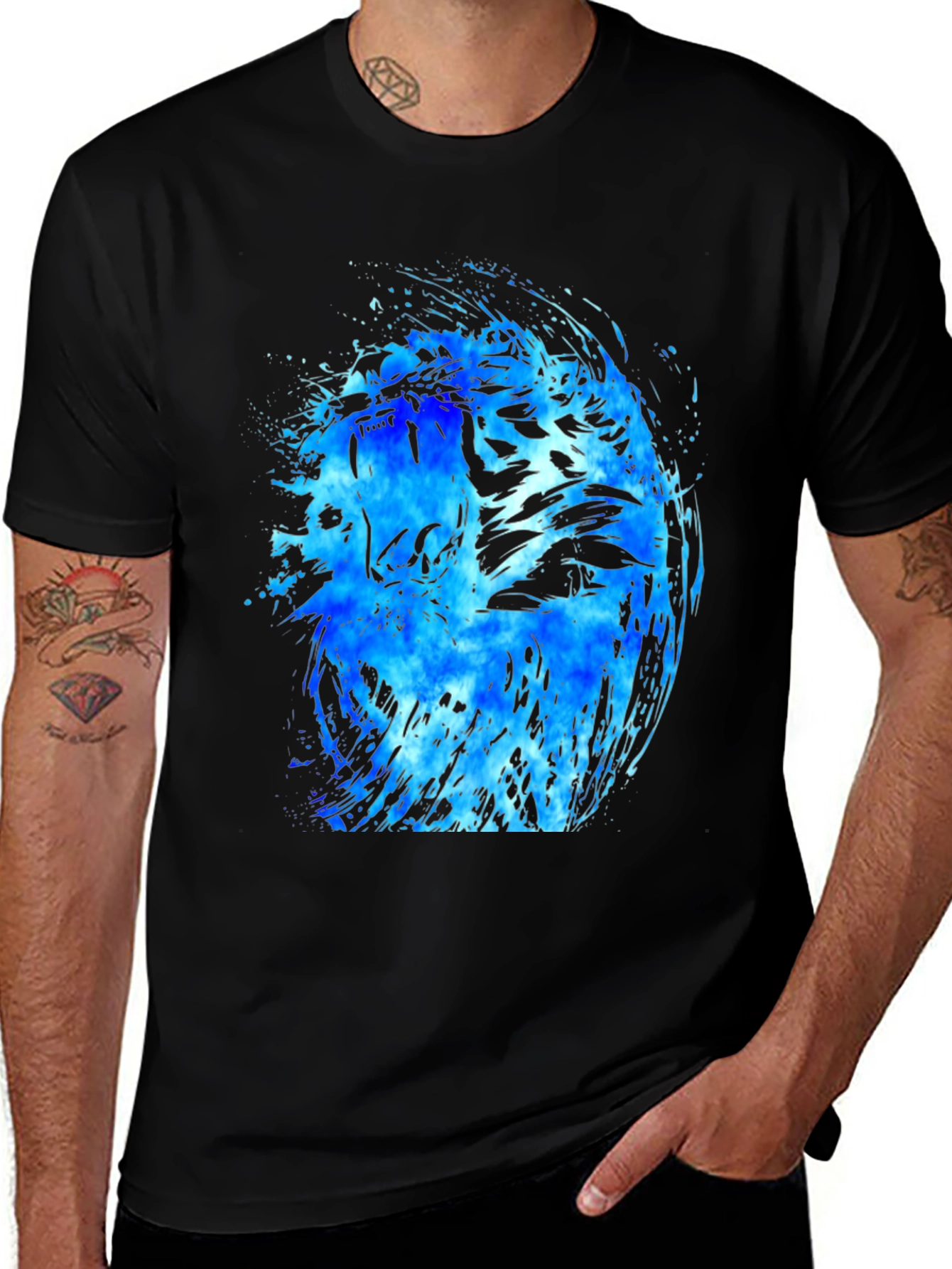 Blue Tiger Graphic Black T-Shirt