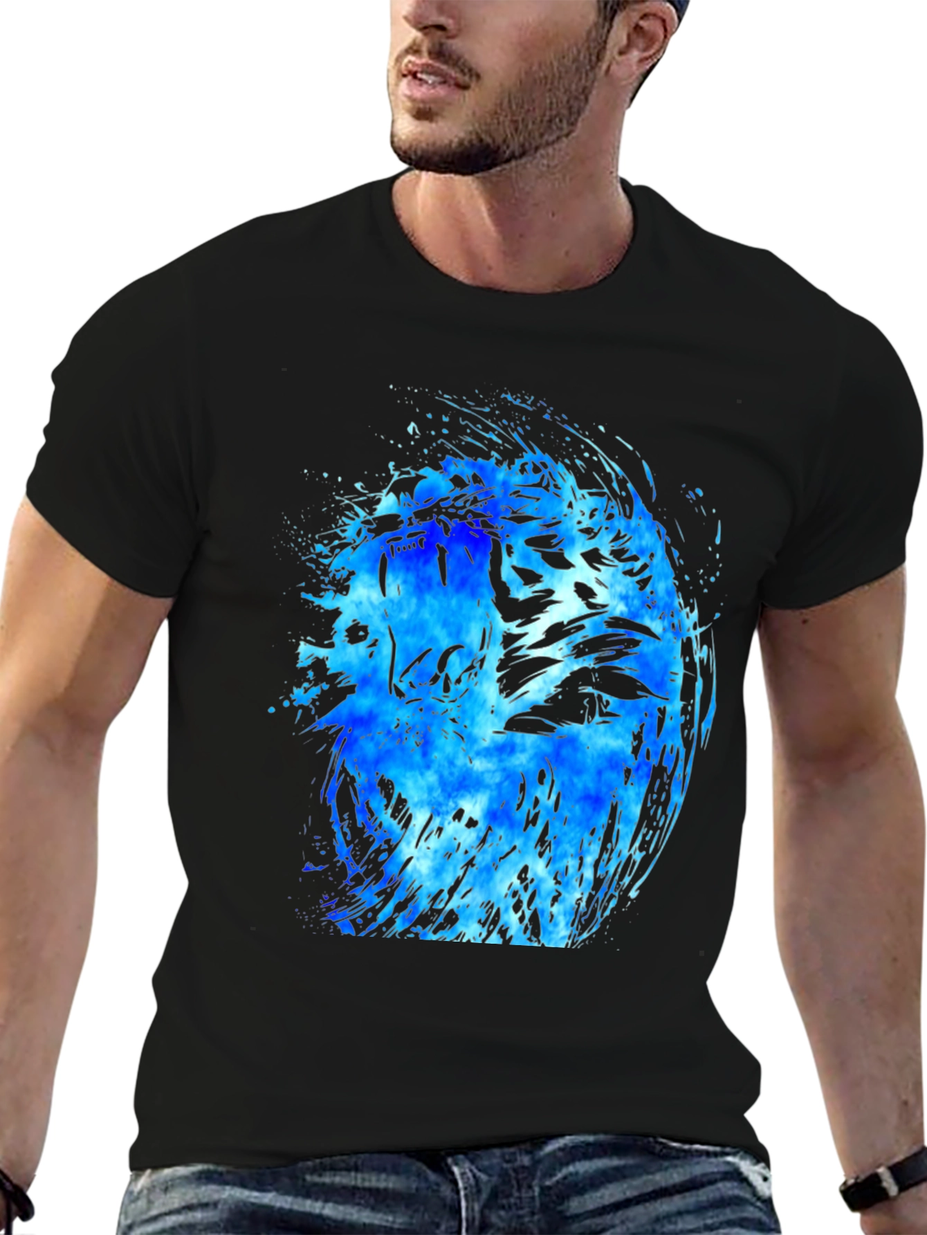 Blue Tiger Graphic Black T-Shirt
