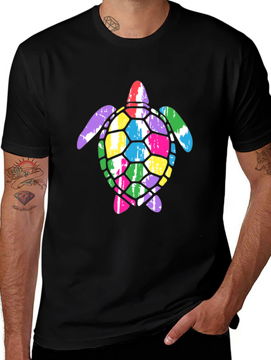 Colorful Sea Turtle Graphic Tee - Black Cotton T-Shirt