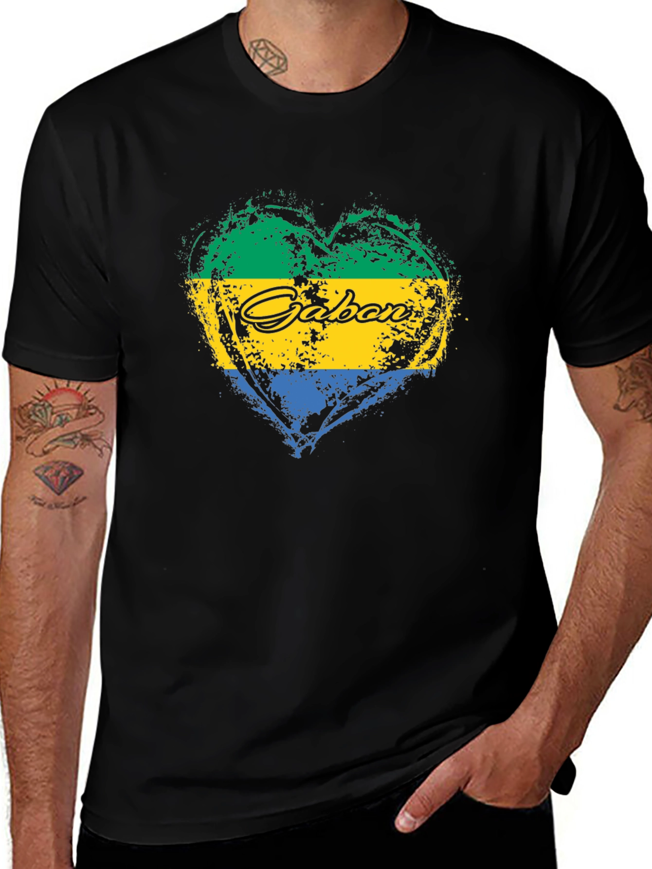 Gabon Flag Heart T-Shirt Black Crew Neck