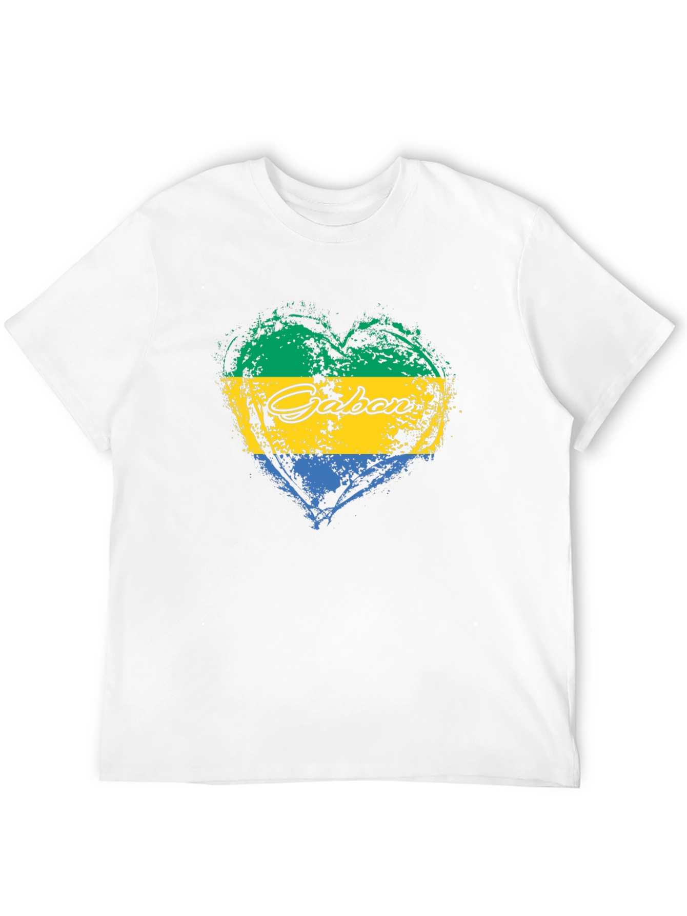 Gabon Flag Heart T-Shirt Black Crew Neck