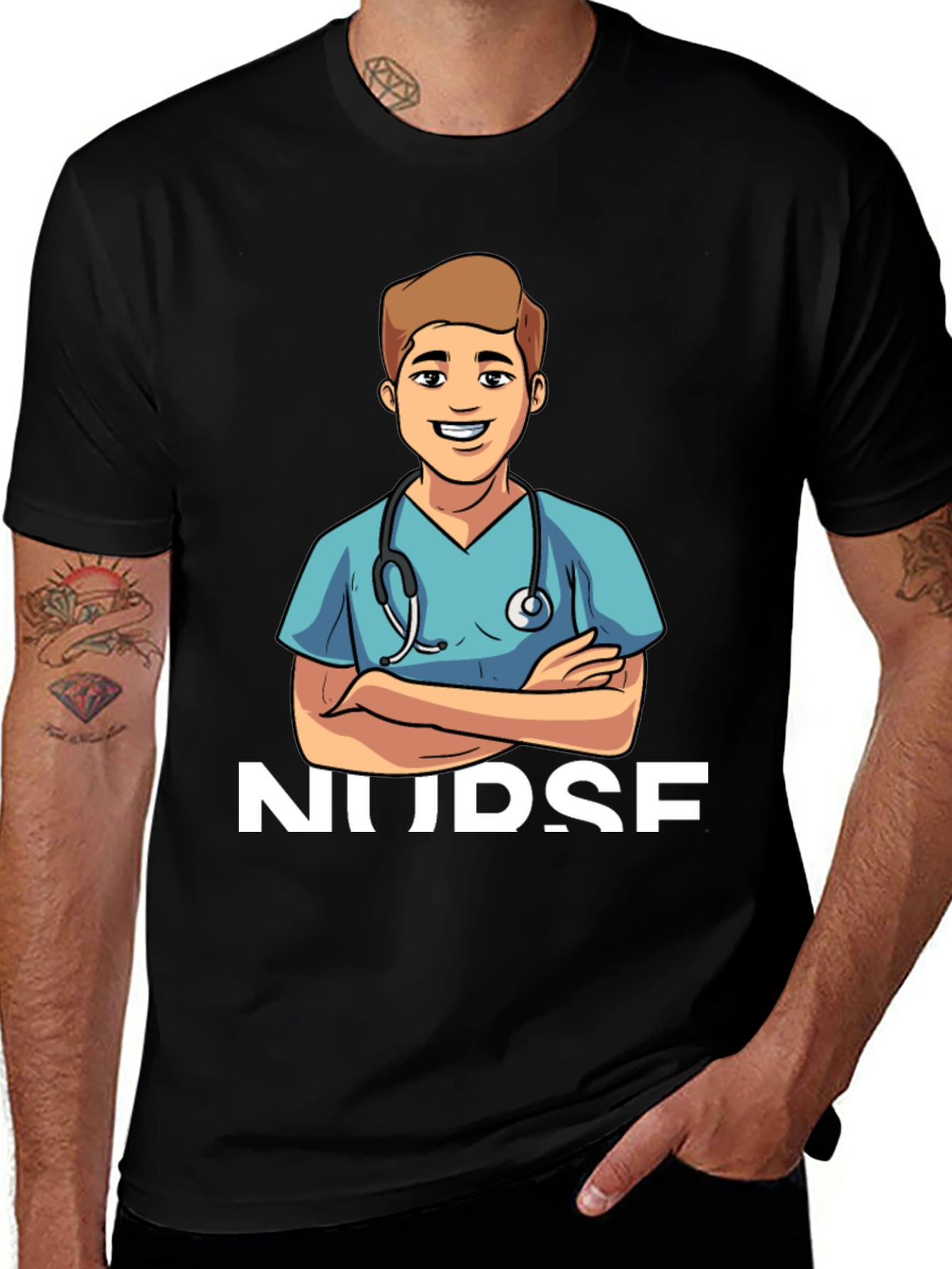 Cartoon Nurse T-Shirt - Black Cotton Blend