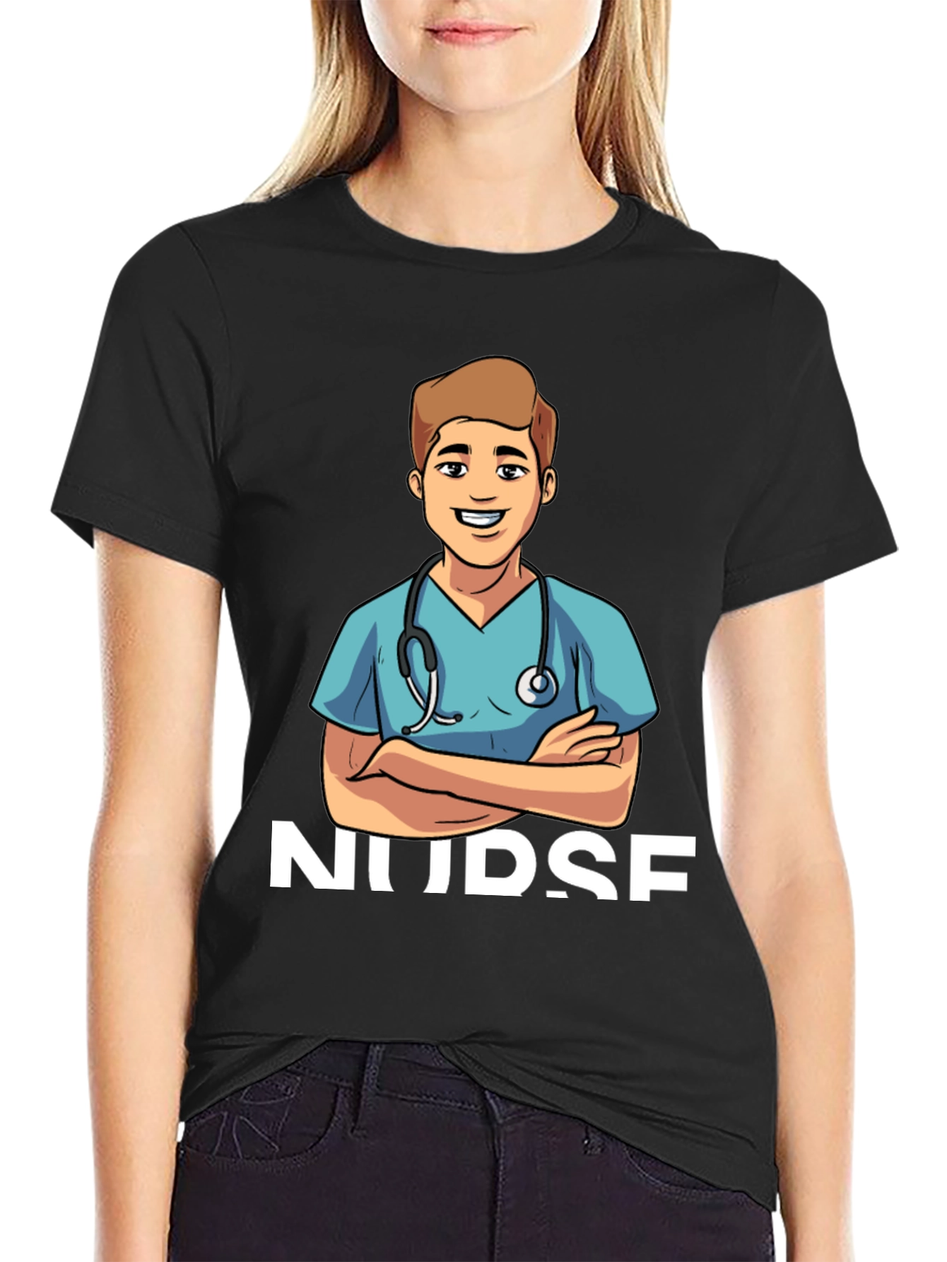 Cartoon Nurse T-Shirt - Black Cotton Blend