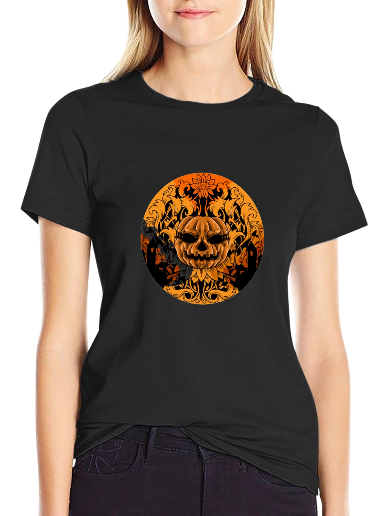 Pumpkin Skull Graphic Tee - Black Halloween Shirt