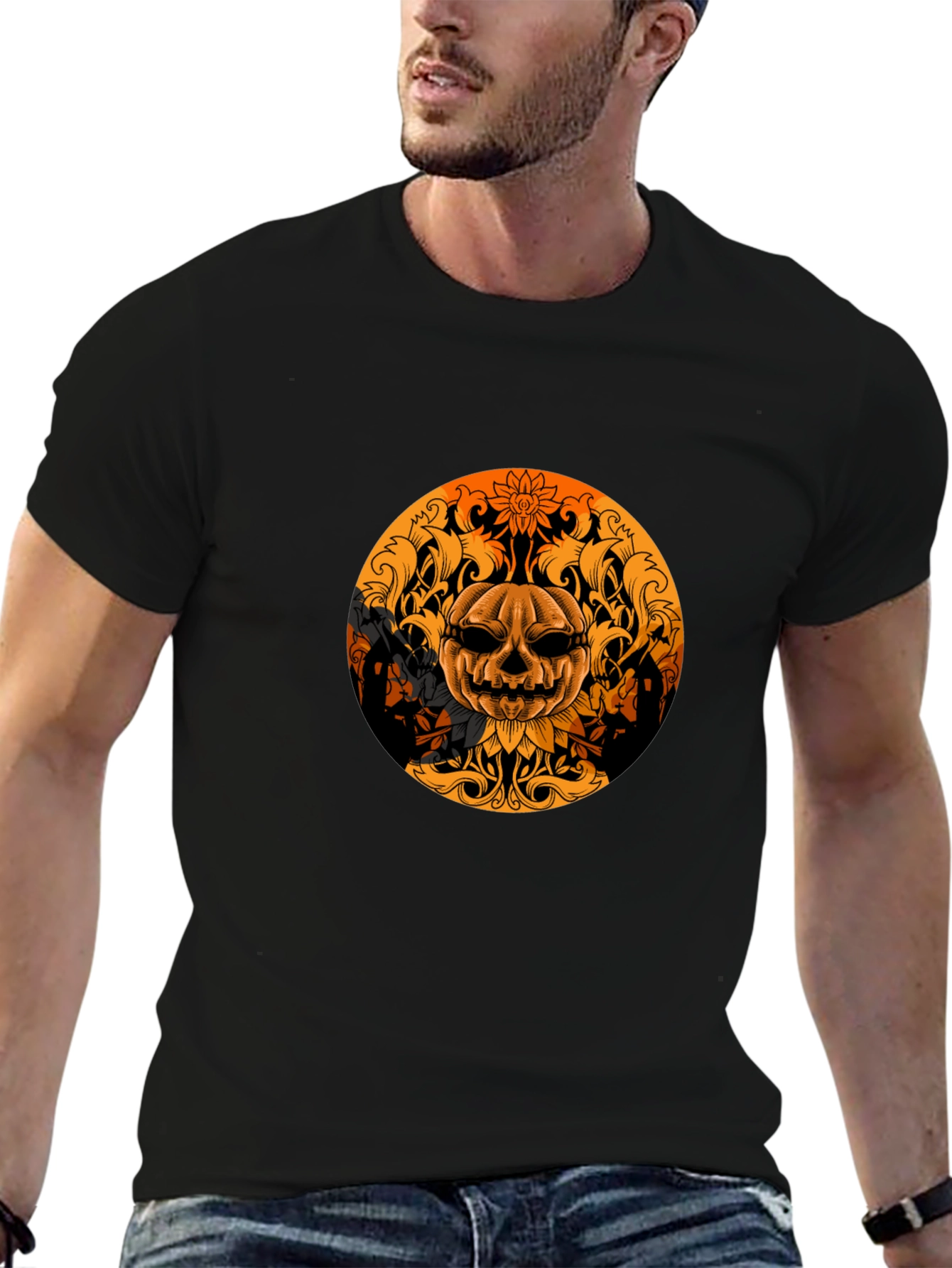 Pumpkin Skull Graphic Tee - Black Halloween Shirt