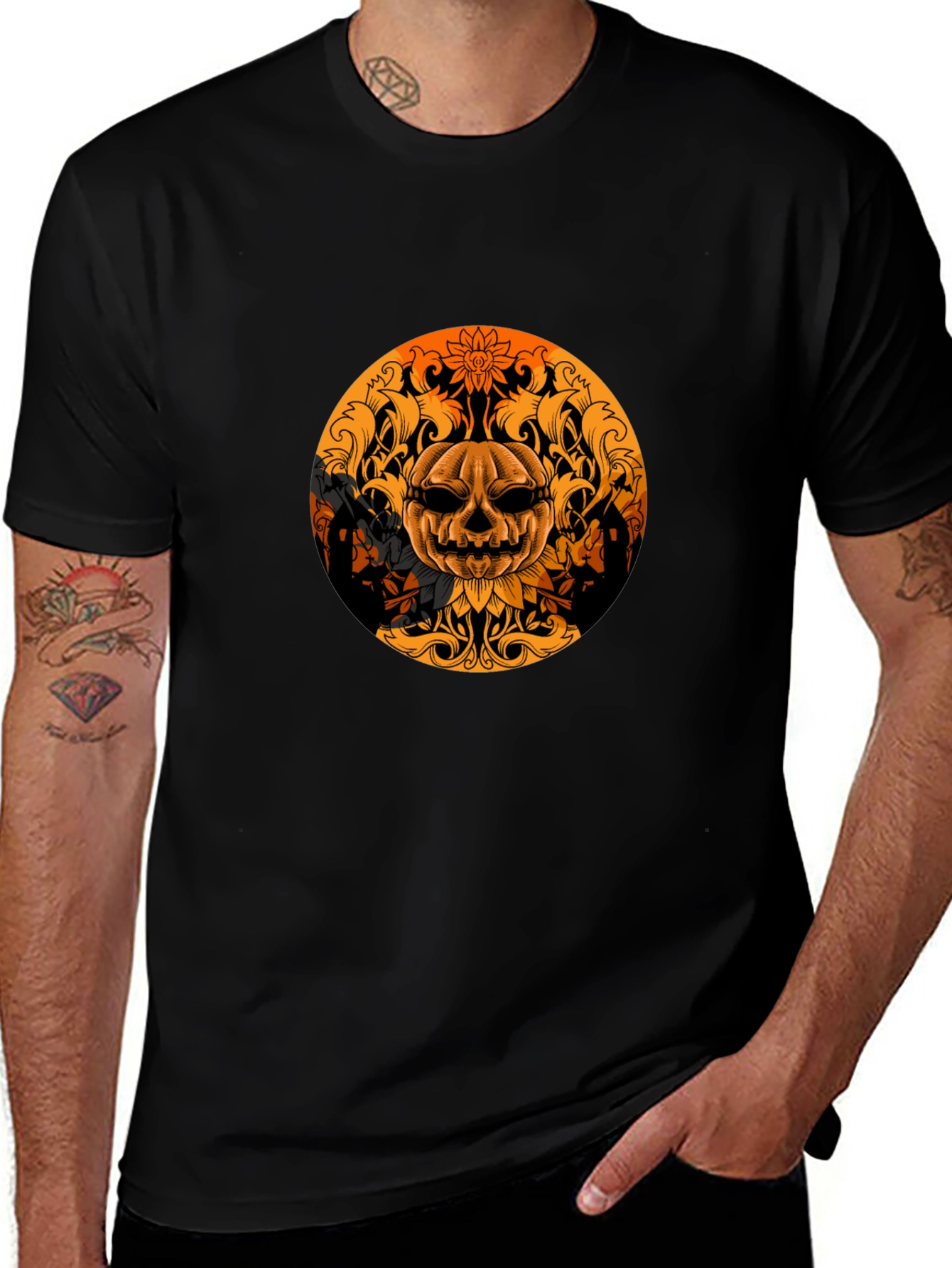 Pumpkin Skull Graphic Tee - Black Halloween Shirt