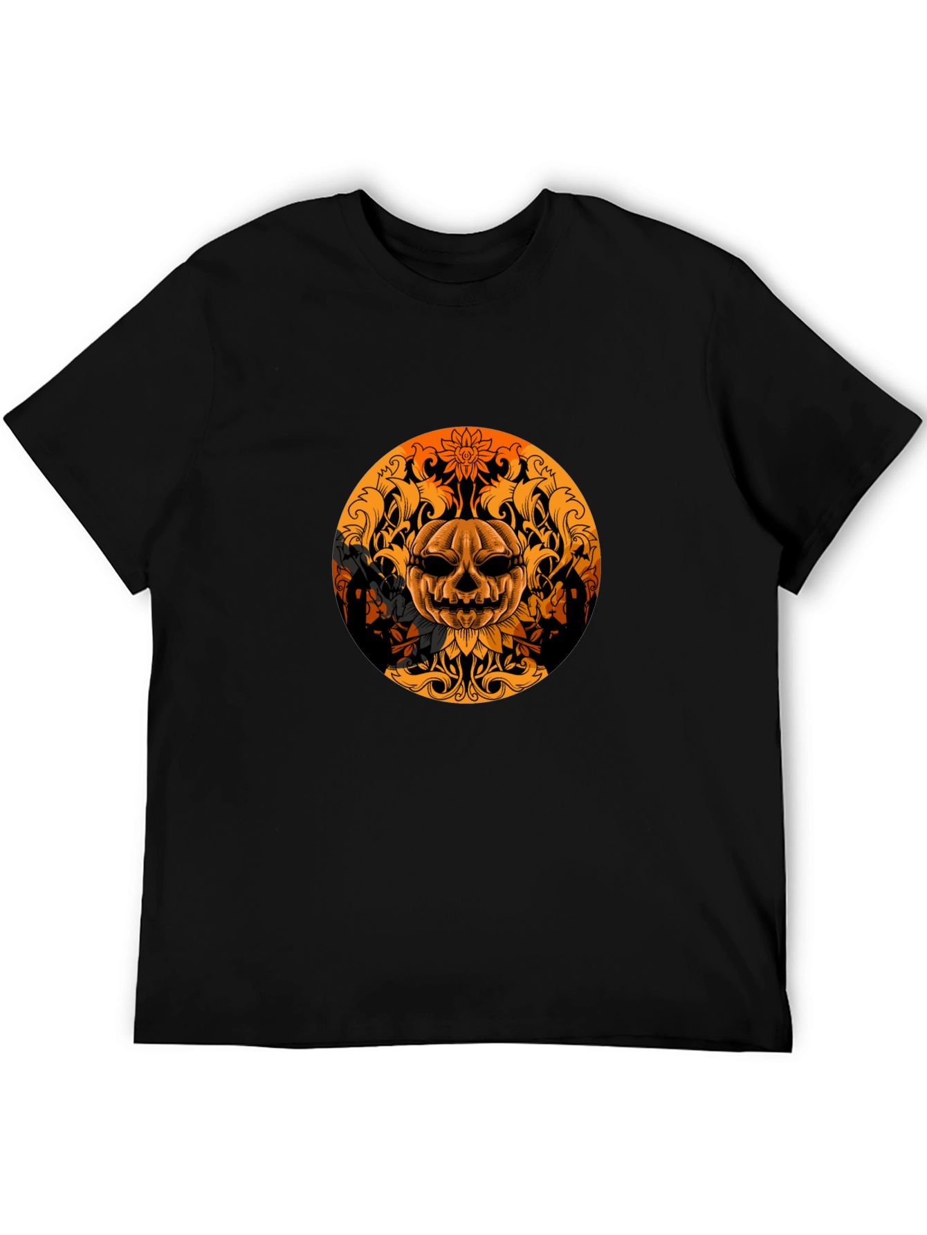 Pumpkin Skull Graphic Tee - Black Halloween Shirt