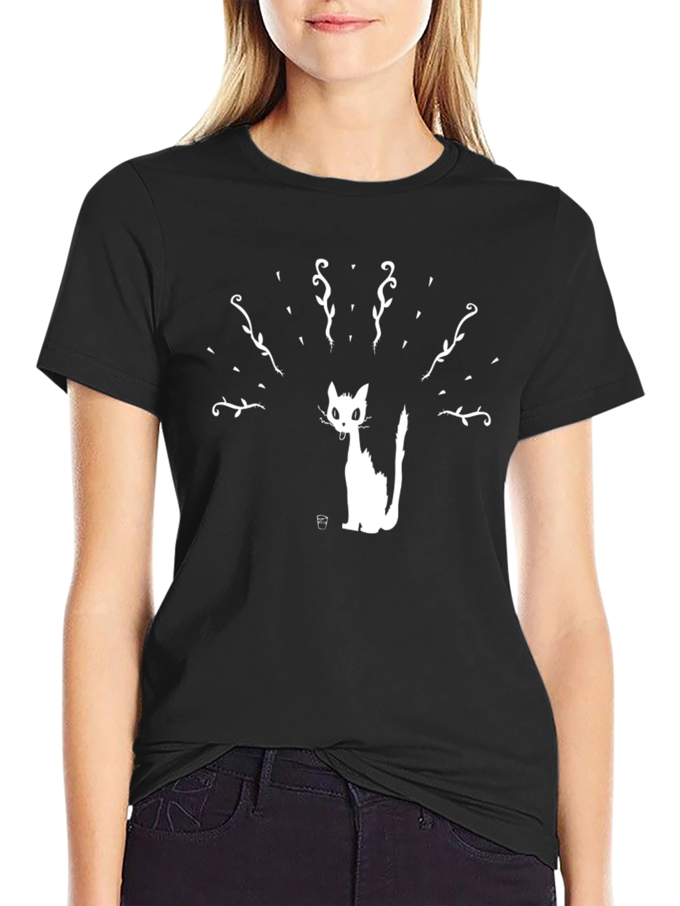 Black T-Shirt with Cat Silhouette Print