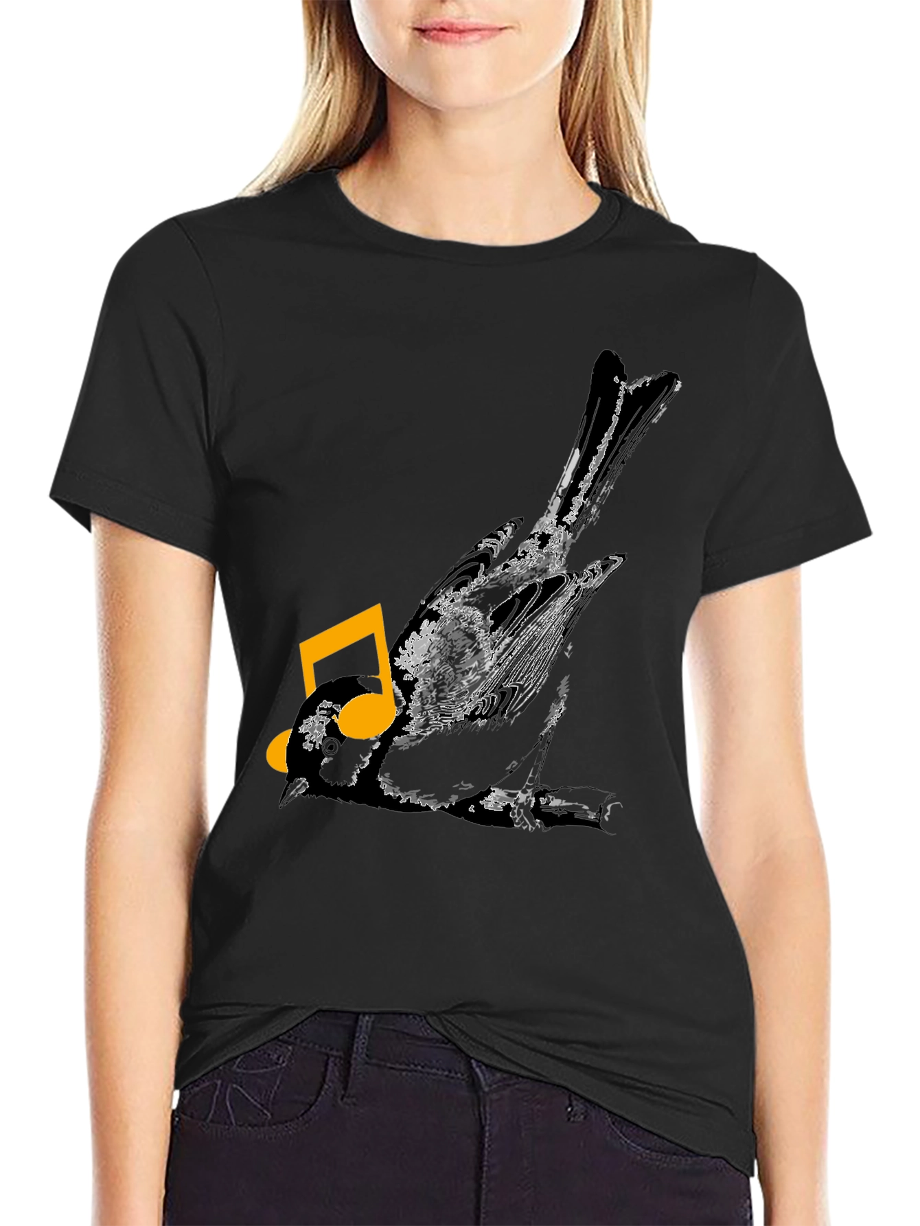 Bird & Music Note Graphic Black T-Shirt