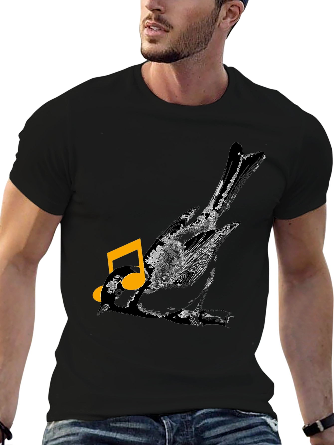 Bird & Music Note Graphic Black T-Shirt