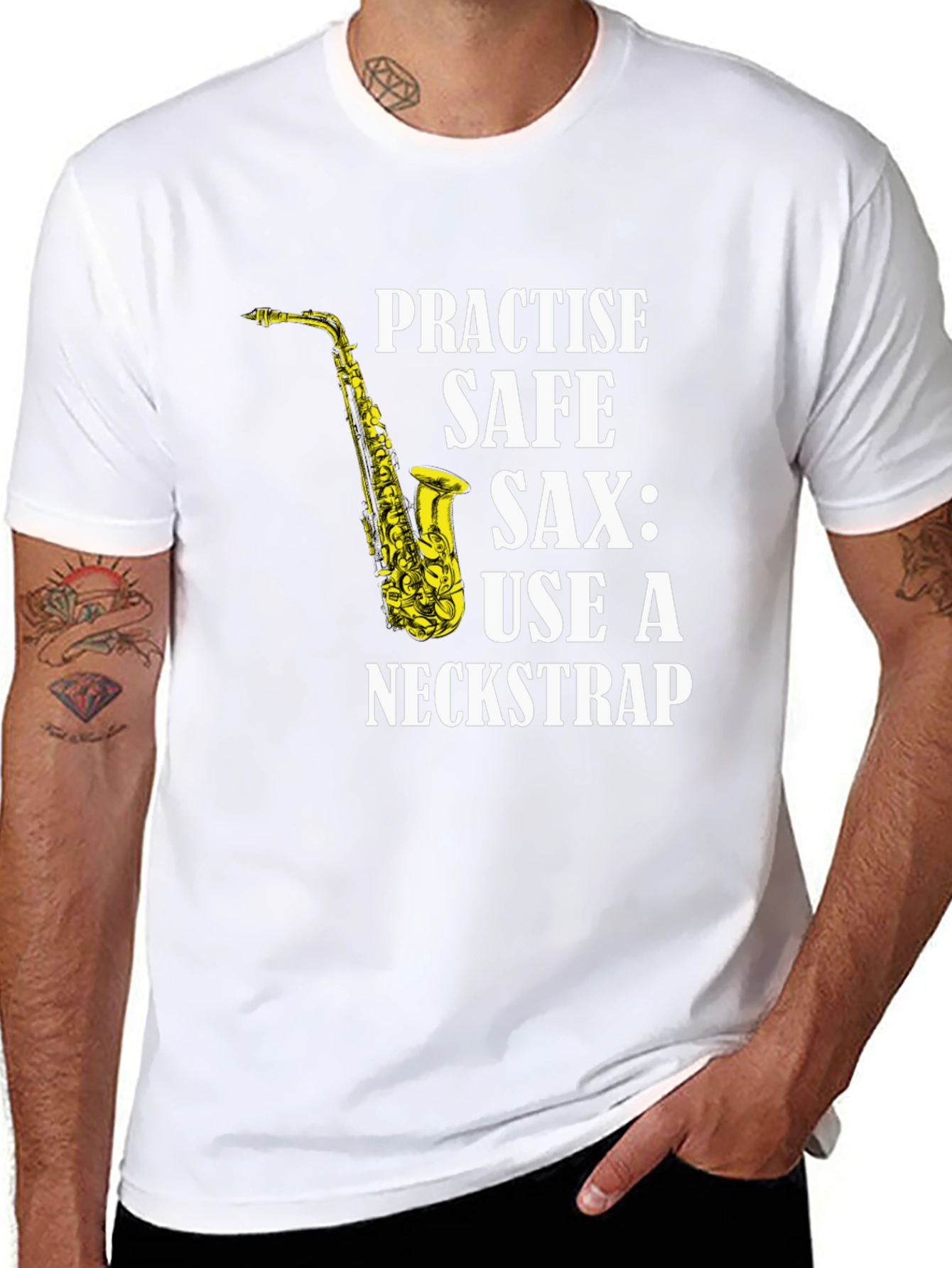 Practise Safe Saxophone T-Shirt - Use a Neckstrap