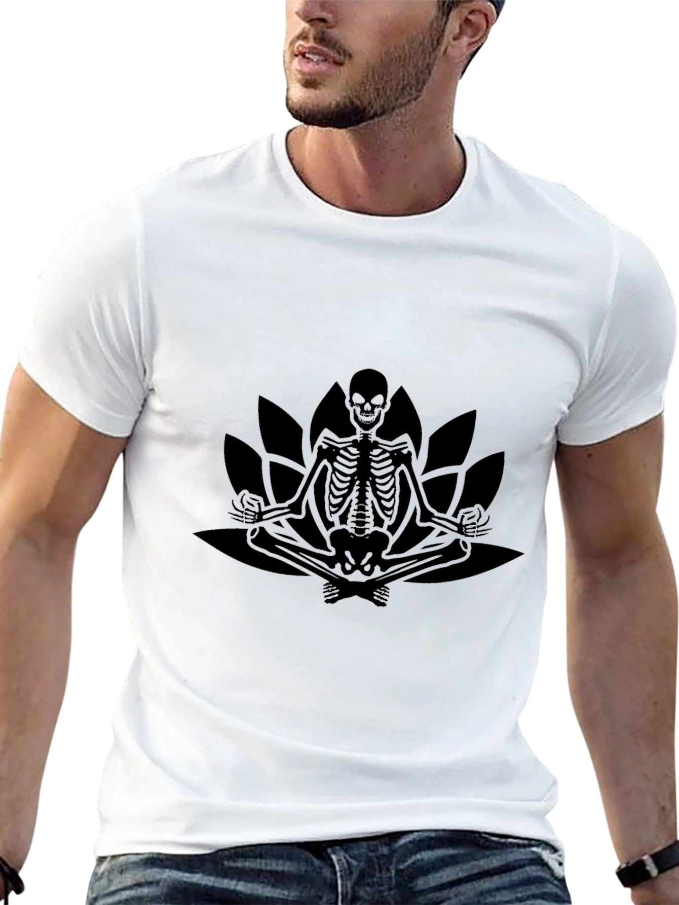 Meditating Skeleton Lotus Graphic Tee - Black