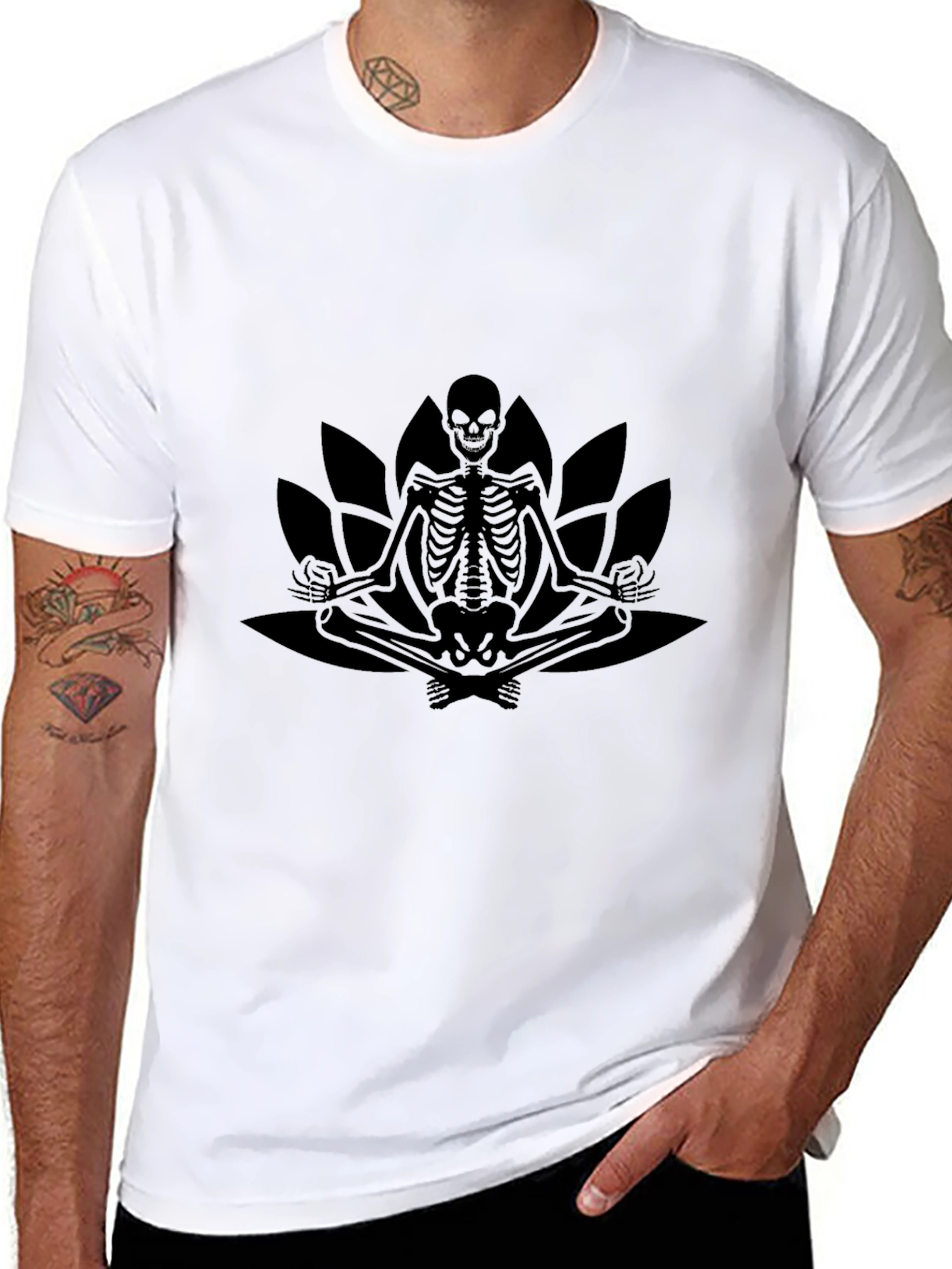 Meditating Skeleton Lotus Graphic Tee - Black