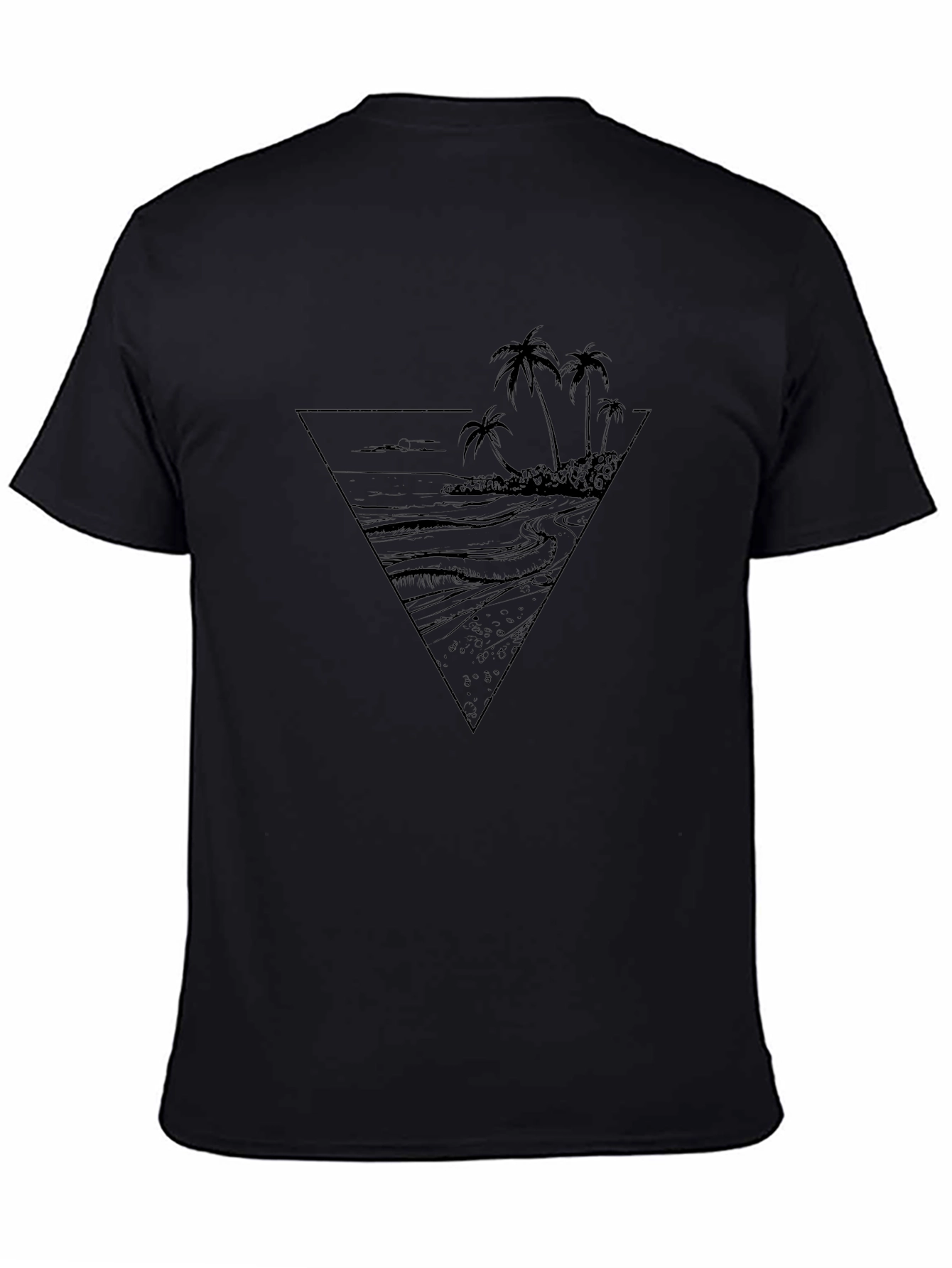 Black T-Shirt with Tropical Beach Graphic