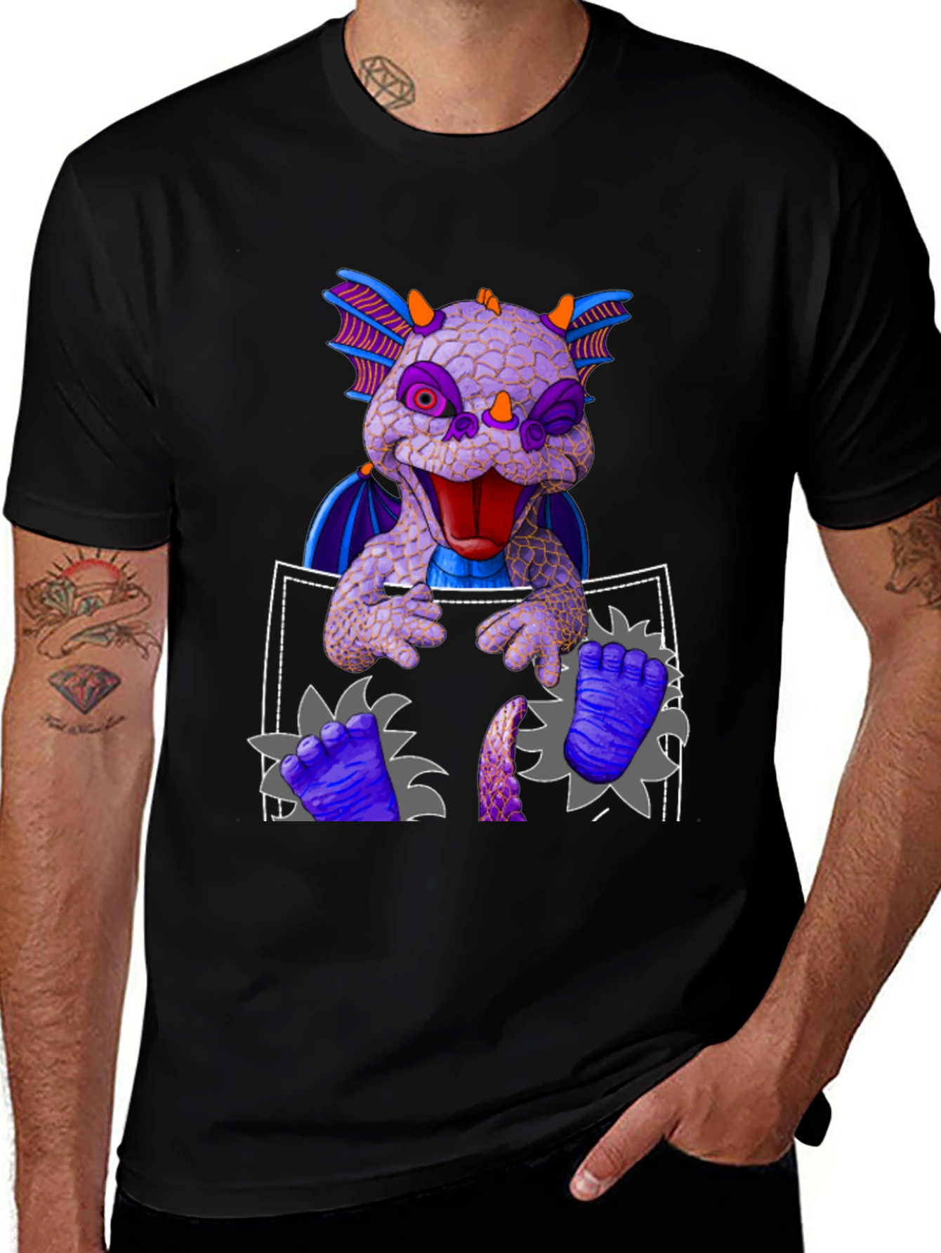 Dragon Pocket T-Shirt: Whimsical Creature Design