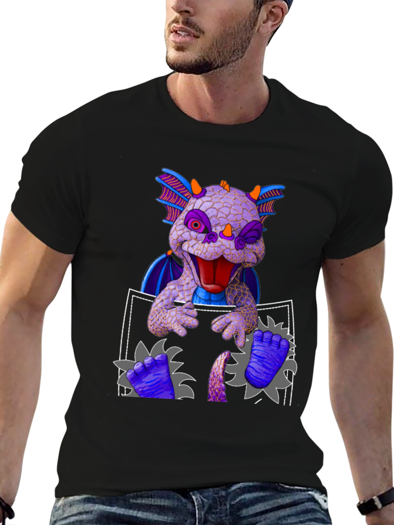 Dragon Pocket T-Shirt: Whimsical Creature Design