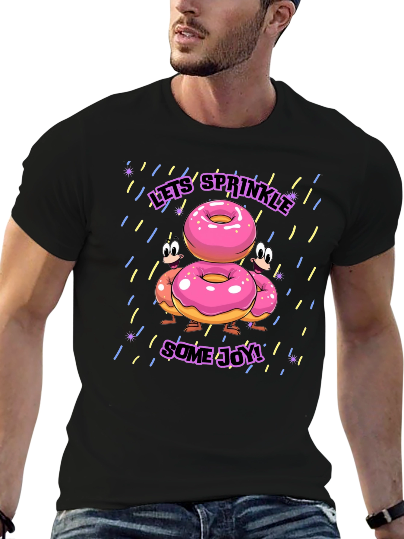 Sprinkle Joy Donut T-Shirt - Black Fun Cartoon Design