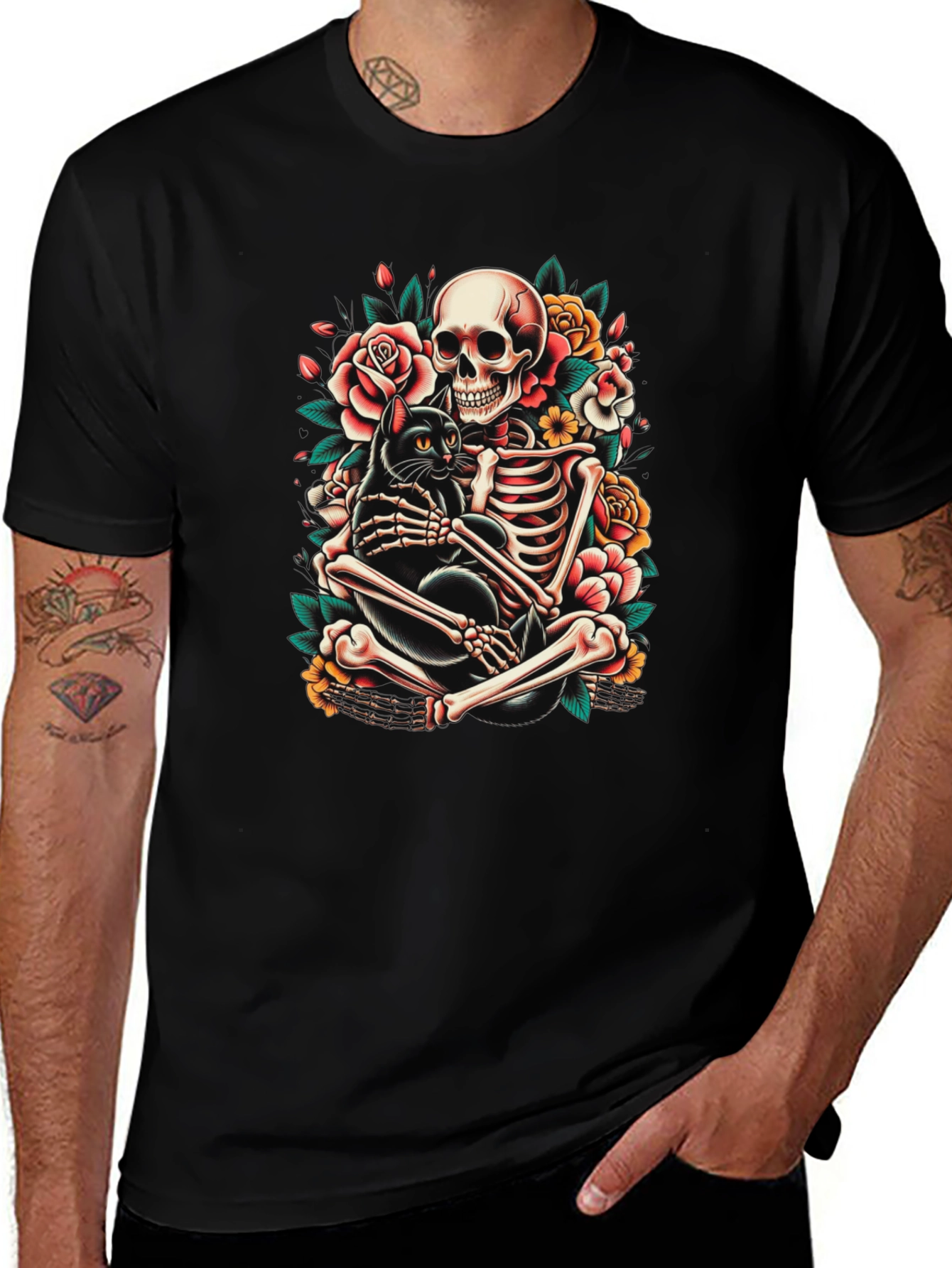 Skeleton and Black Cat Graphic T-Shirt
