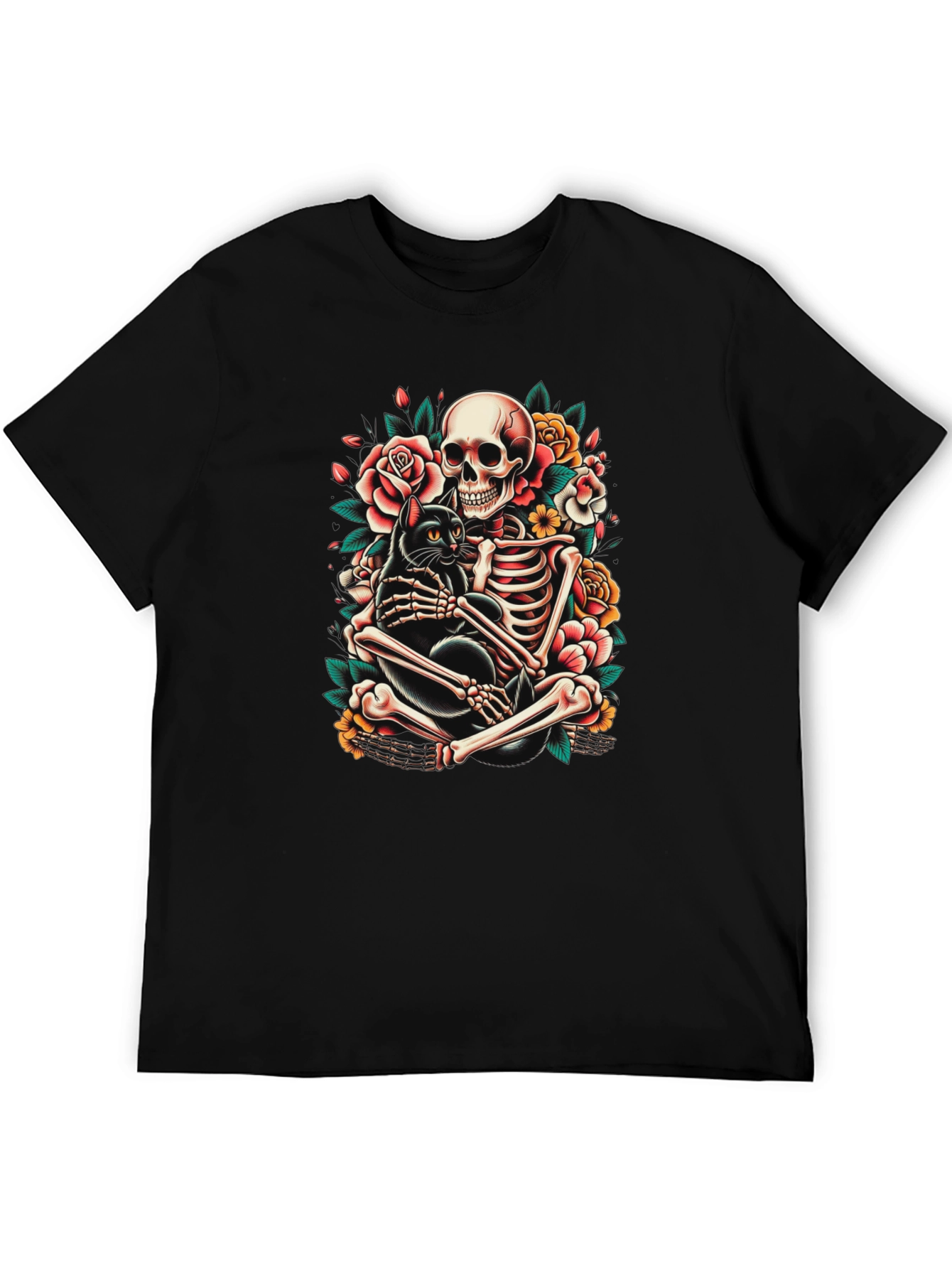Skeleton and Black Cat Graphic T-Shirt