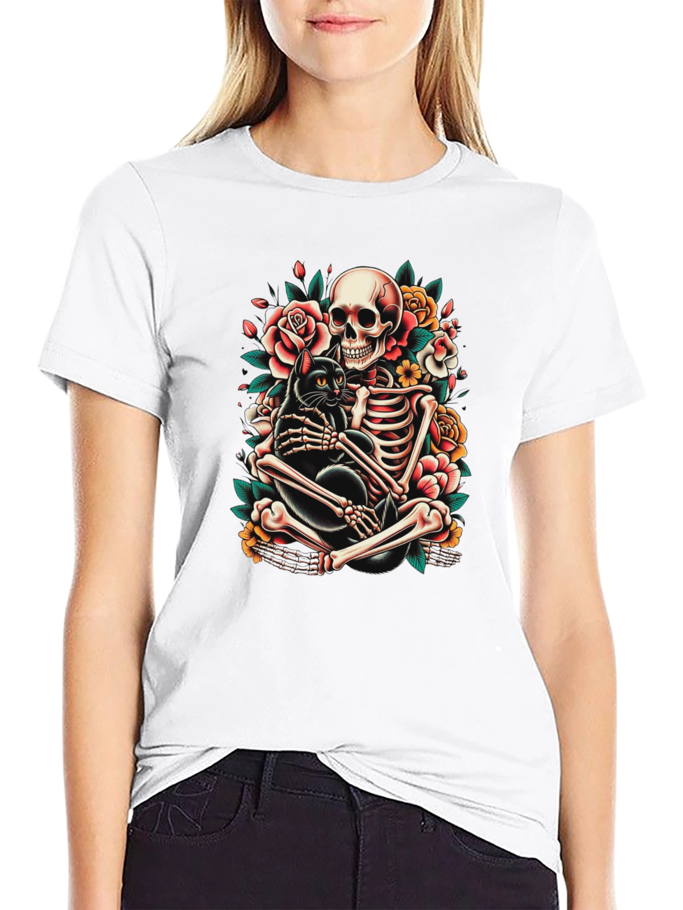 Skeleton and Black Cat Graphic T-Shirt
