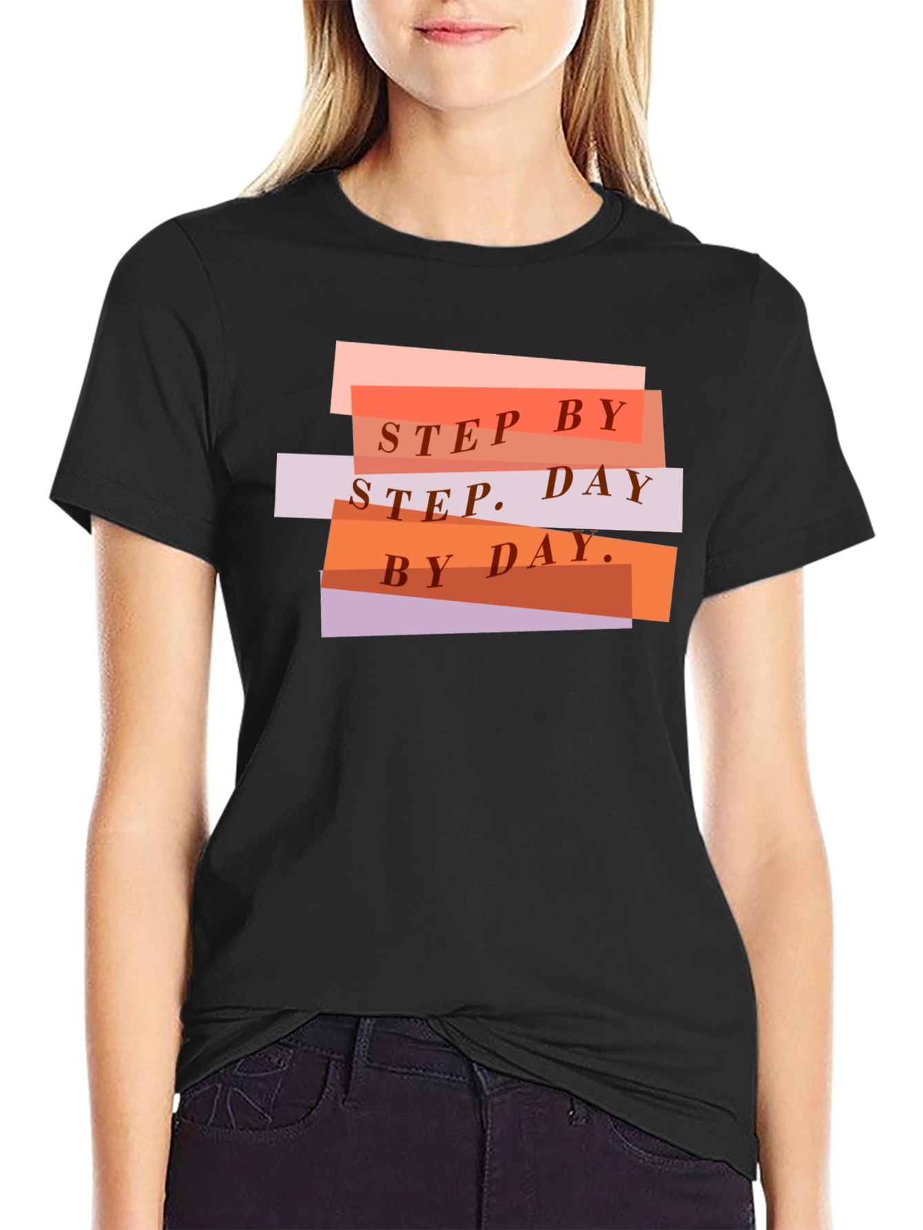 Step by Step Graphic T-Shirt - Black Casual Tee