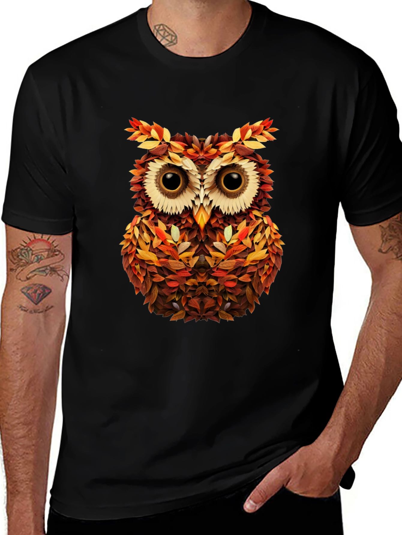 Autumn Owl Graphic Tee - Nature Inspired Black T-Shirt